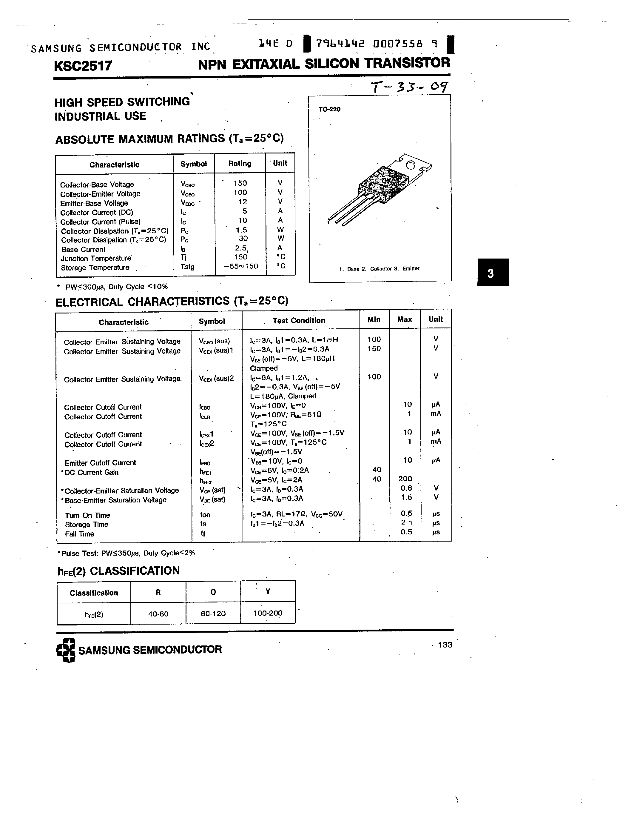 Datasheet KSC2517 page 1 Datasheet KSC2517 - NPN (HIGH SPEED SWITCHING INDUSTRIAL USE) page 1