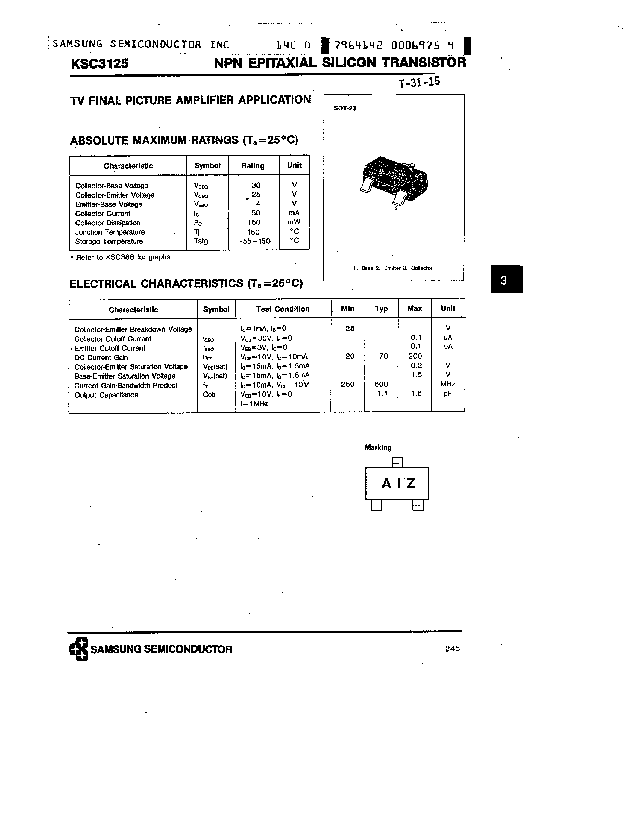 Datasheet KSC3125 - NPN (TV FINAL PICTURE AMPLIFIER APPLICATION) page 1