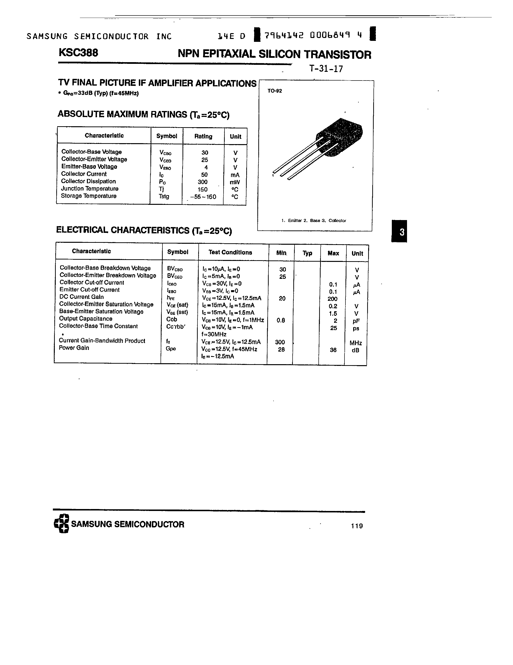 Datasheet KSC388 page 1 Datasheet KSC388 - NPN (TV FINAL PICTURE IF AMPLIFIER APPLICATIONS) page 1