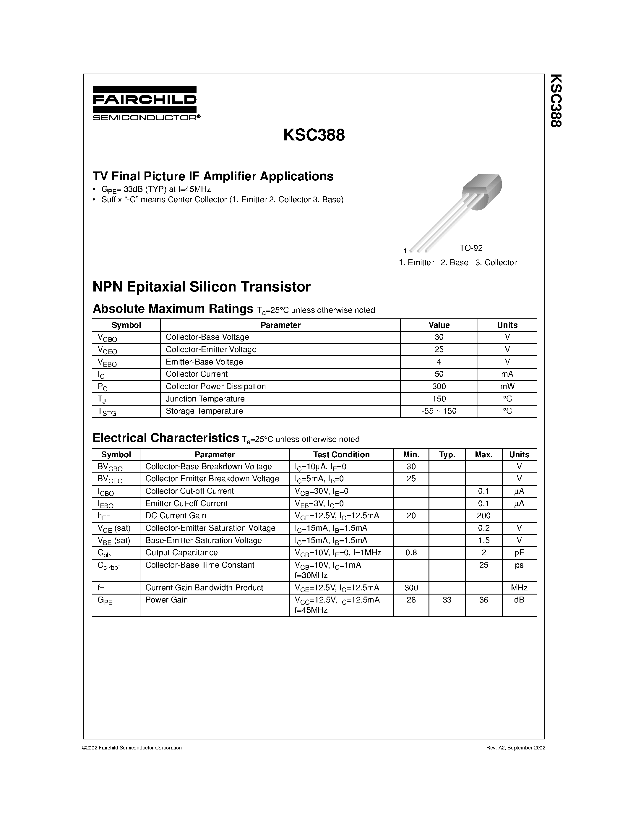 Datasheet KSC388 - TV Final Picture IF Amplifier Applications page 1