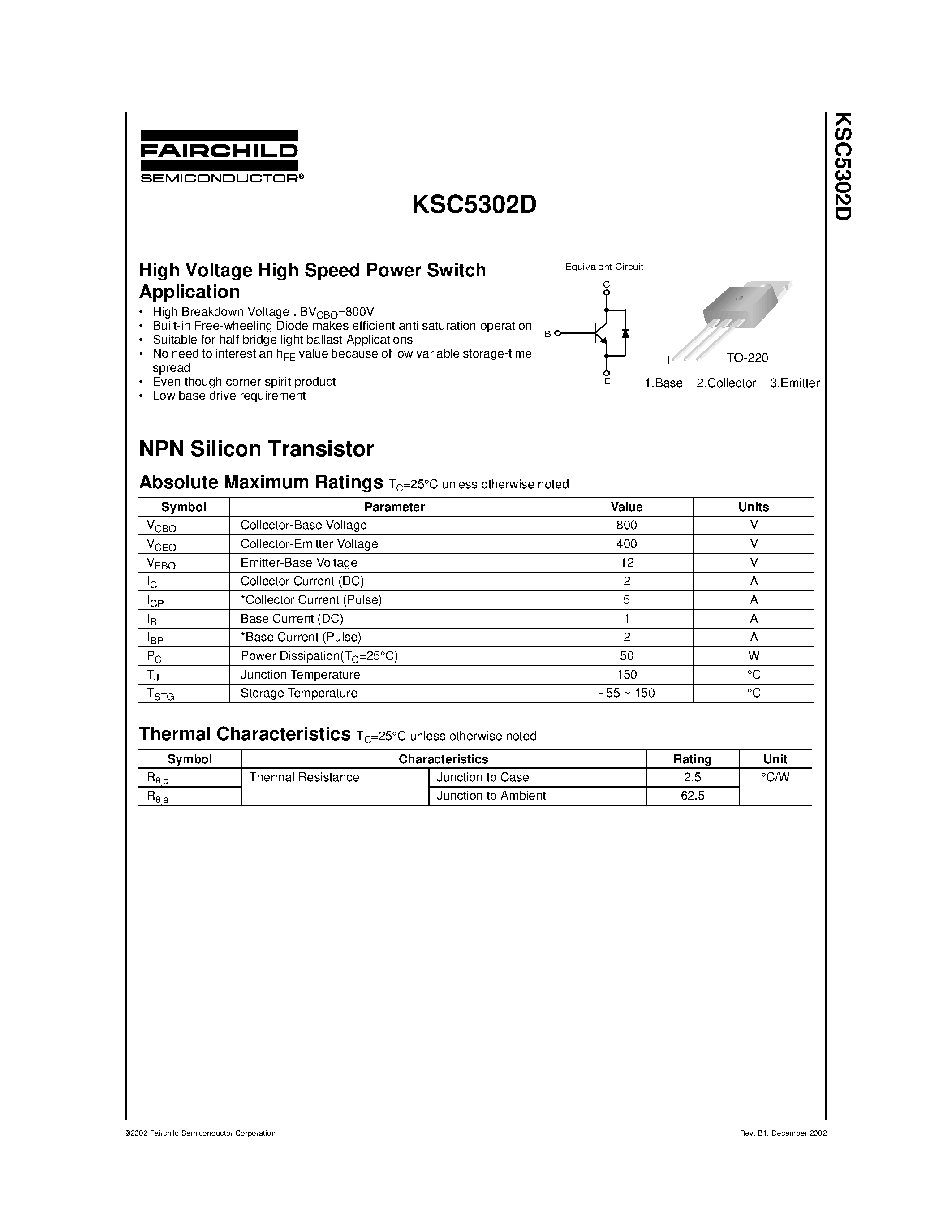 Datasheet KSC5302D page 1 Datasheet KSC5302D - High Voltage High Speed Power Switch Application page 1