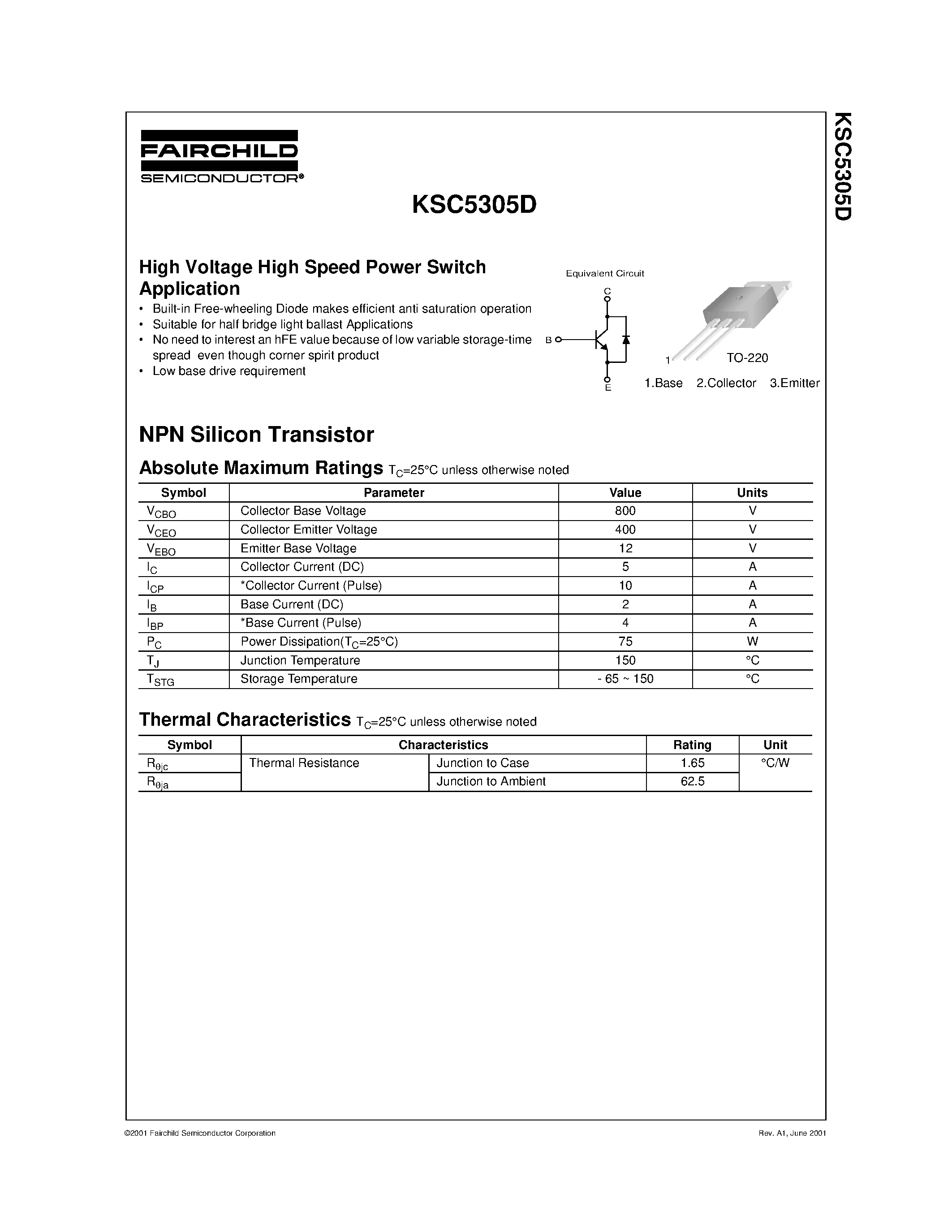Datasheet KSC5305D page 1 Datasheet KSC5305D - High Voltage High Speed Power Switch Application page 1