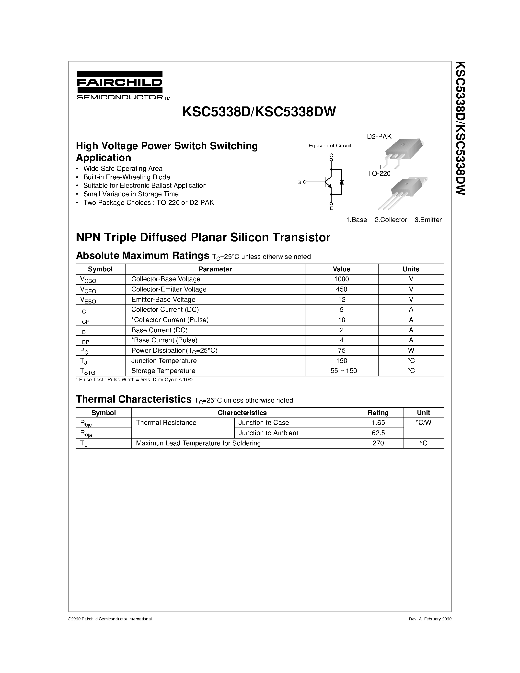 Даташит KSC5338D - High Voltage Power Switch Switching Application страница 1