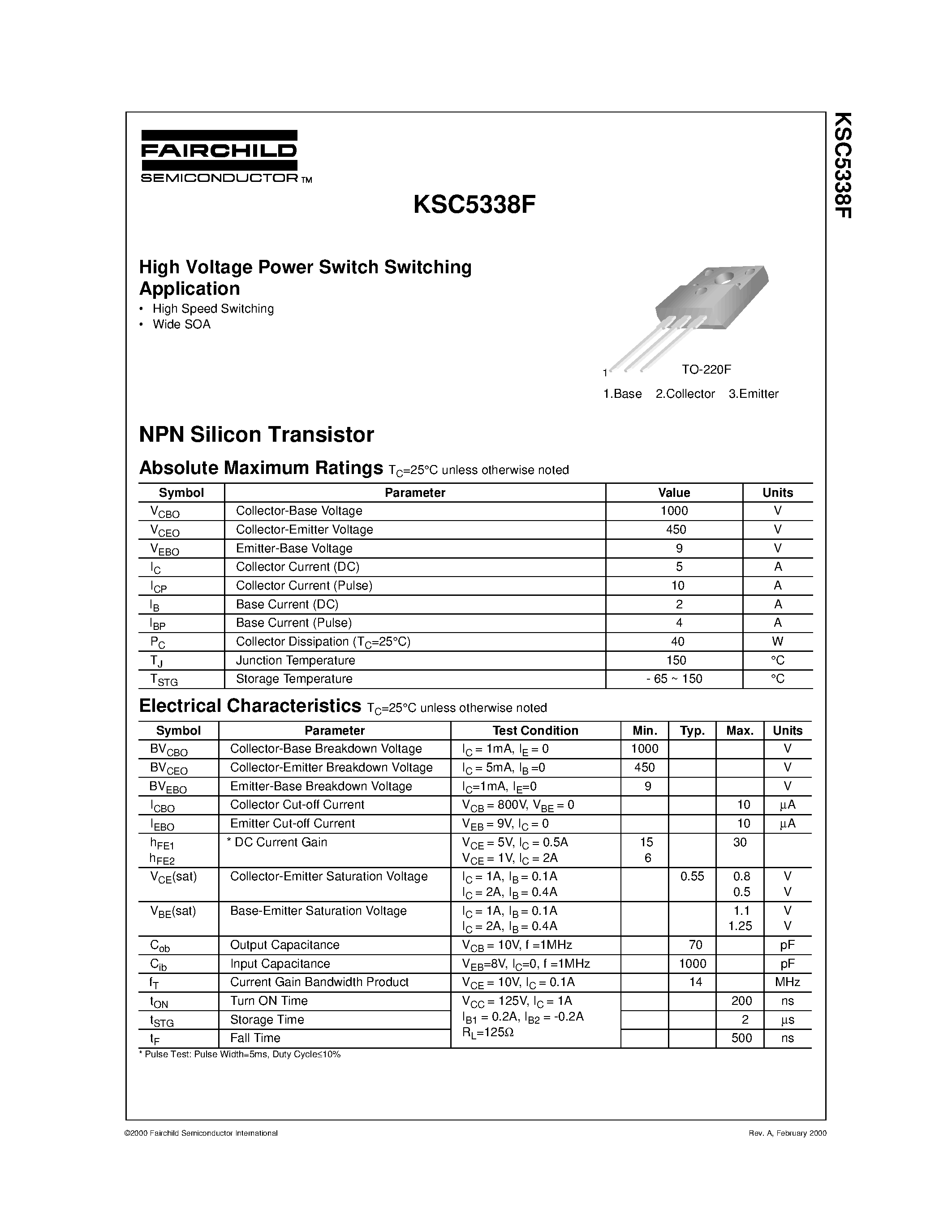 Даташит KSC5338F - High Voltage Power Switch Switching Application страница 1