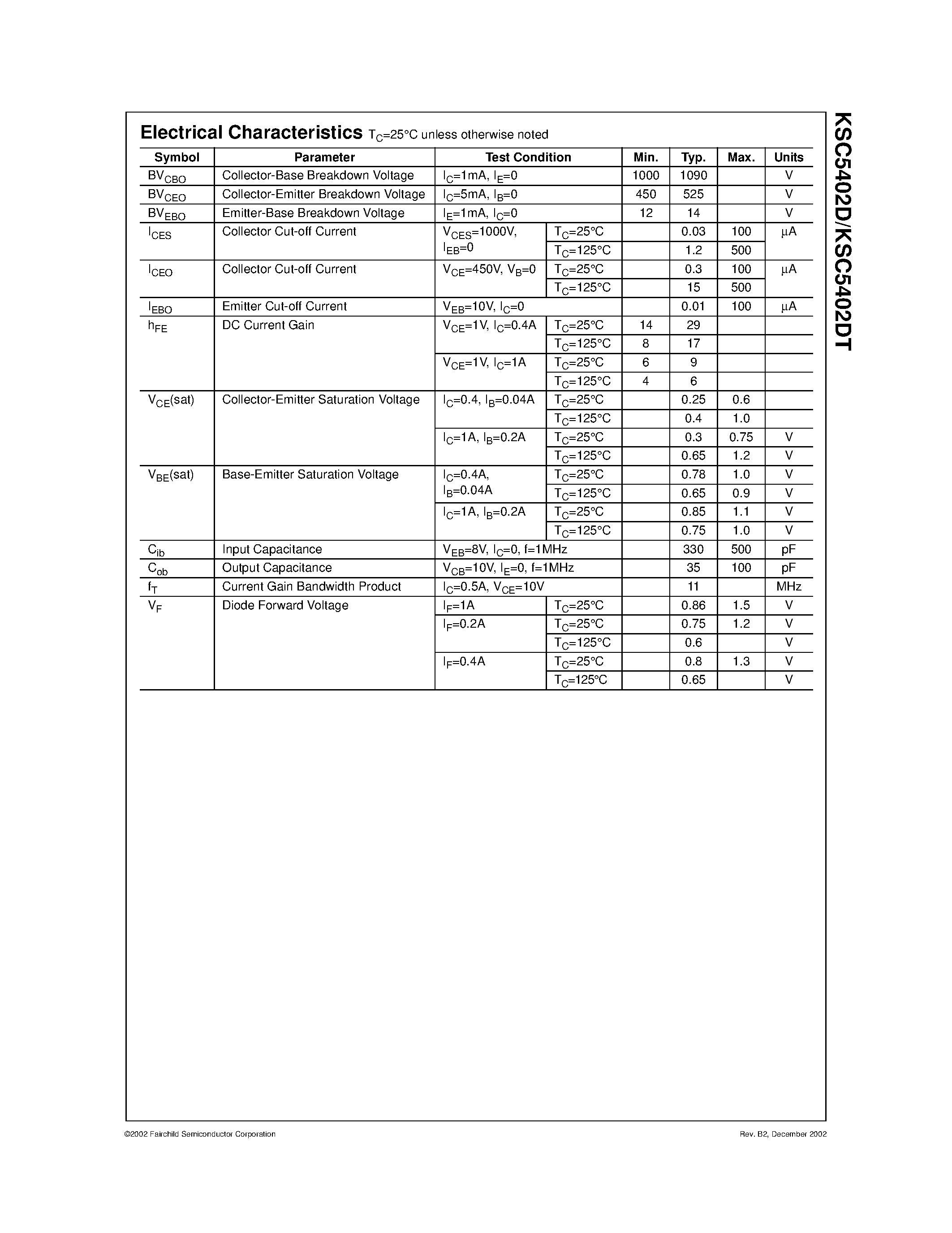 Datasheet KSC5402D page 2 Datasheet KSC5402D - High Voltage High Speed Power Switch Application page 2