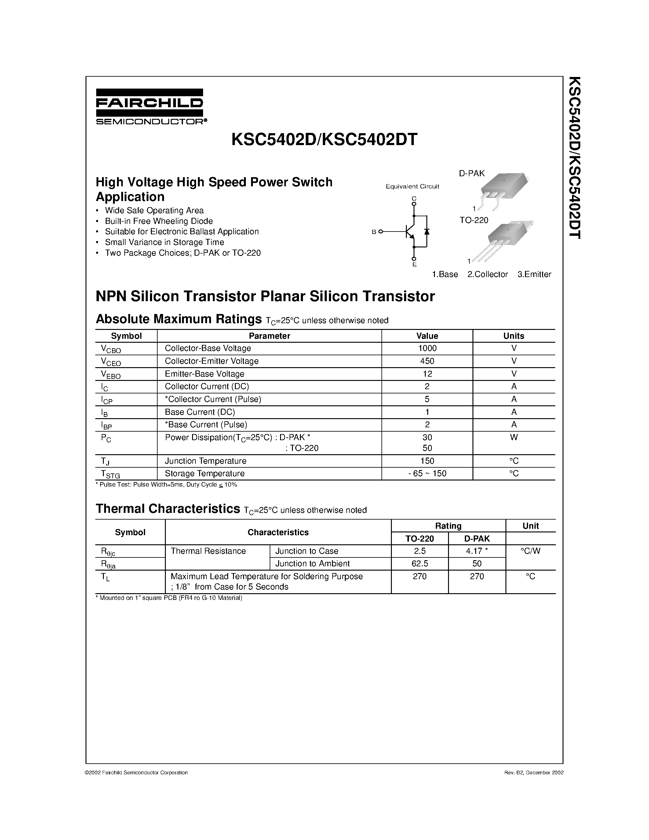 Datasheet KSC5402DT - High Voltage High Speed Power Switch Application page 1