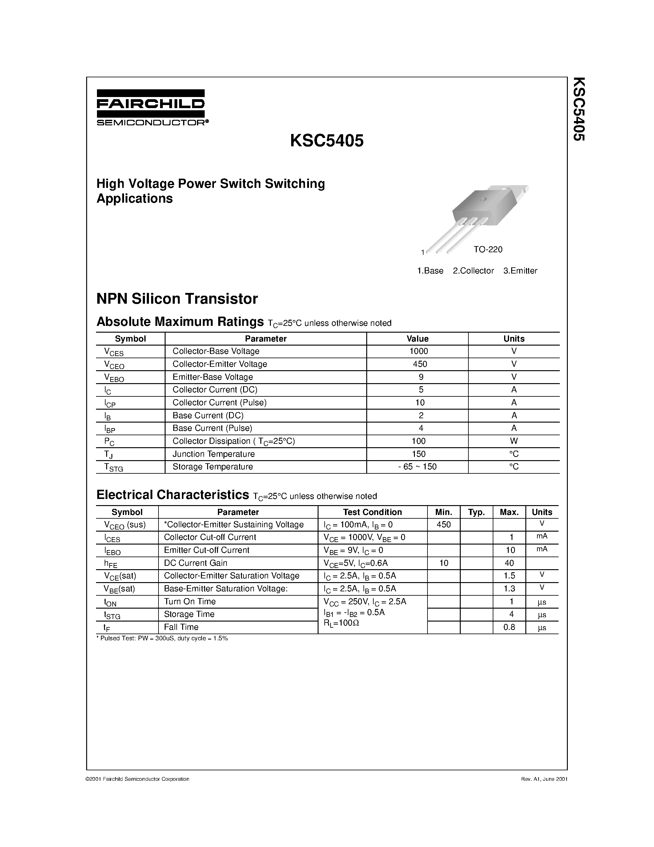 Даташит KSC5405 - High Voltage Power Switch Switching Applications страница 1
