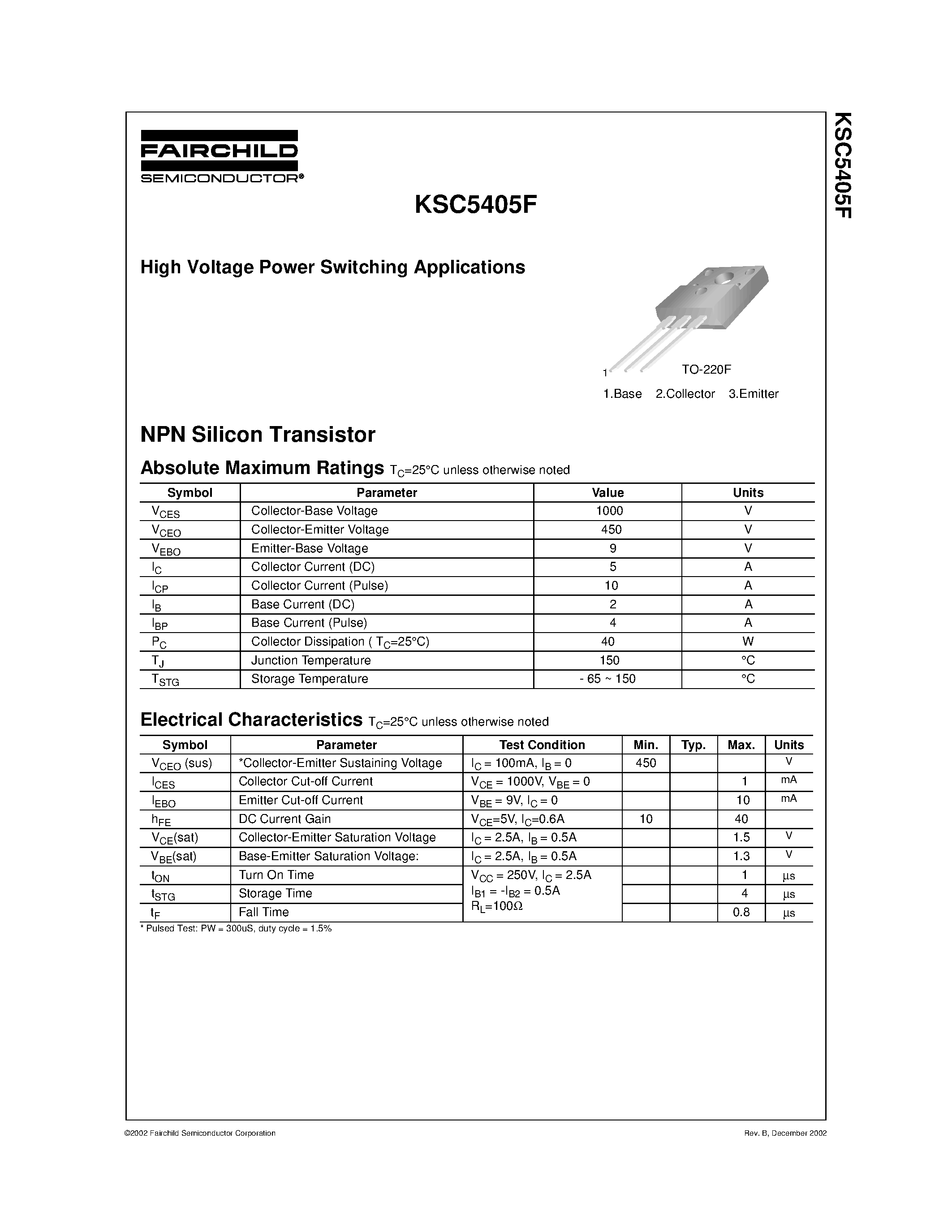Datasheet KSC5405F page 1 Datasheet KSC5405F - High Voltage Power Switching Applications page 1