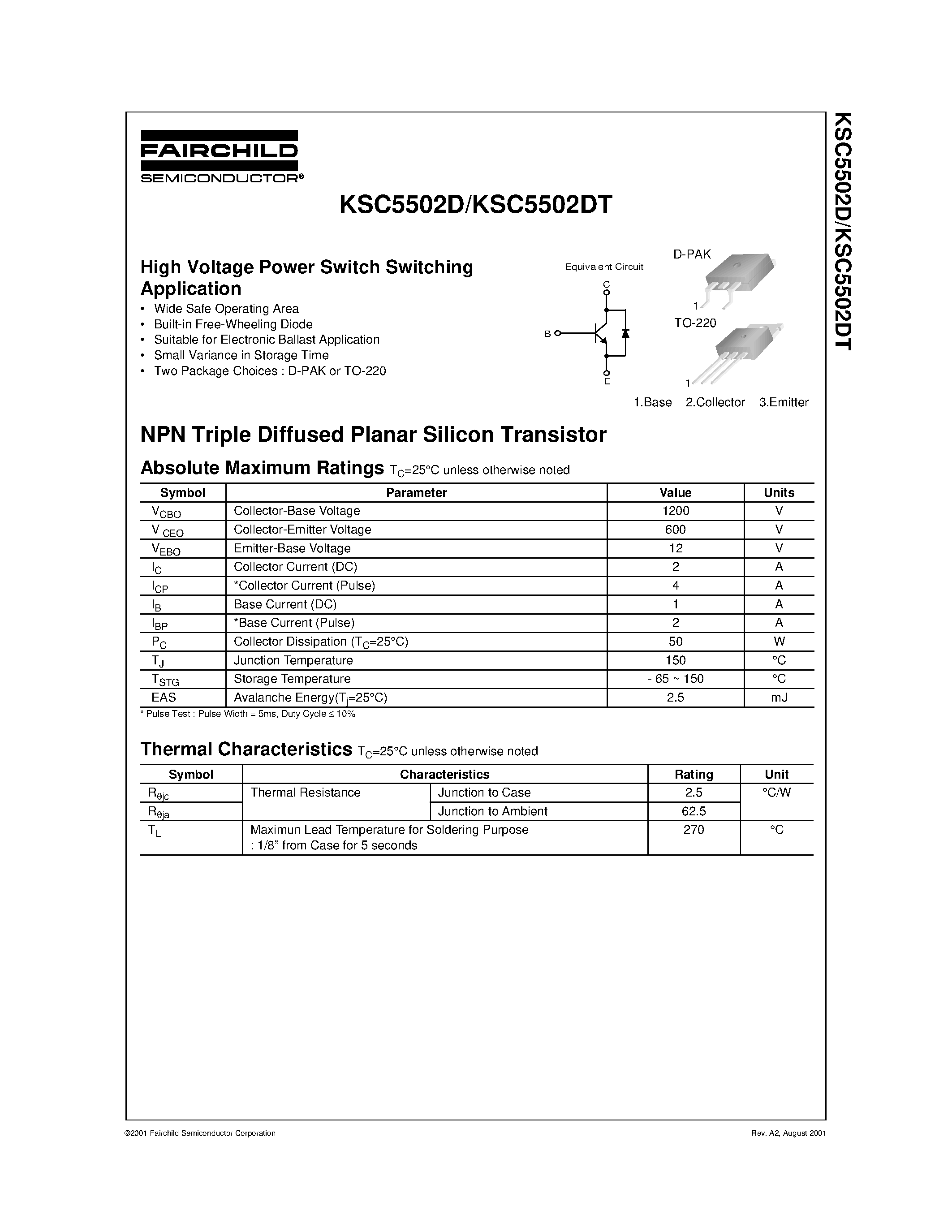 Даташит на микросхему KSC5502DT страница 1 Даташит KSC5502DT - High Voltage Power Switch Switching Application страница 1