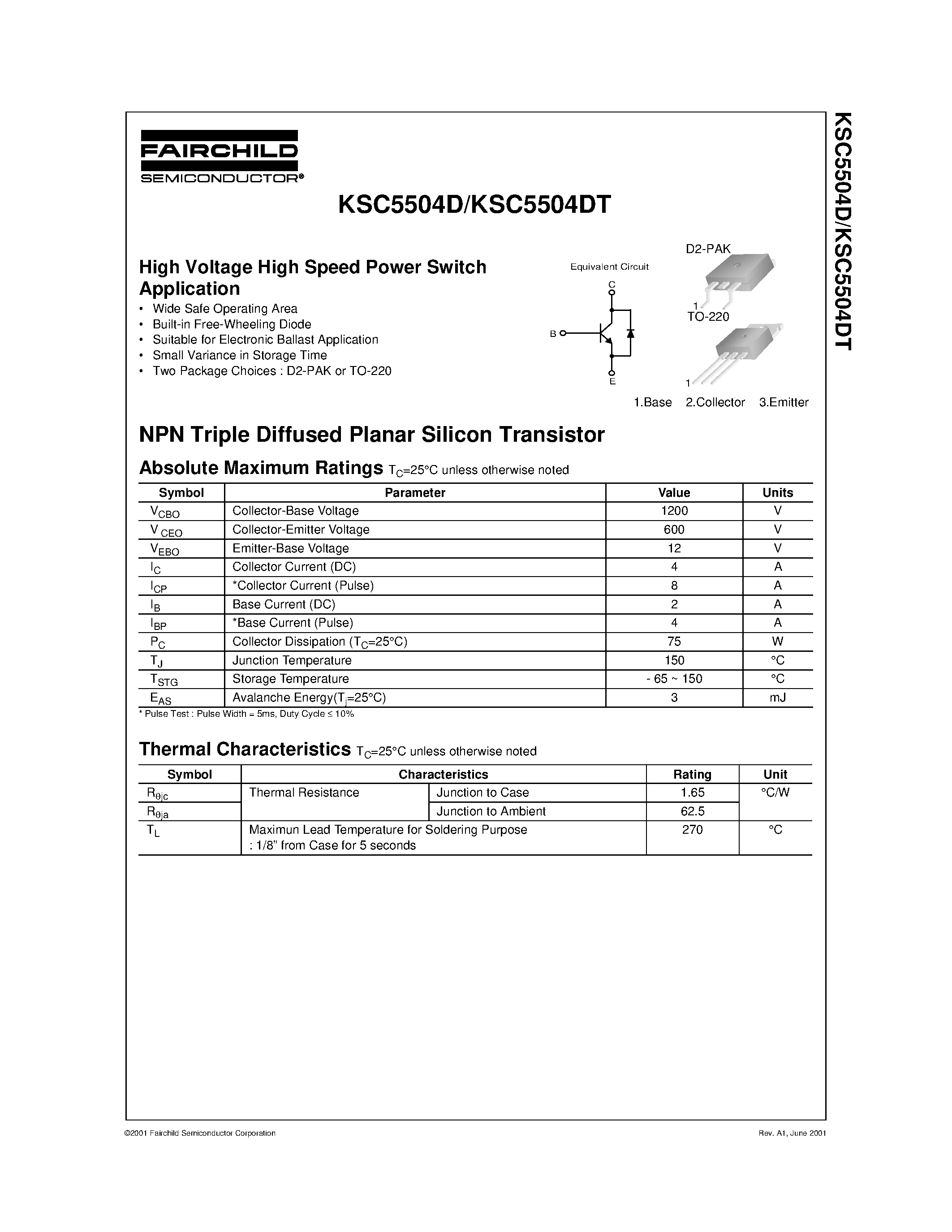 Datasheet KSC5504D page 1 Datasheet KSC5504D - High Voltage High Speed Power Switch Application page 1