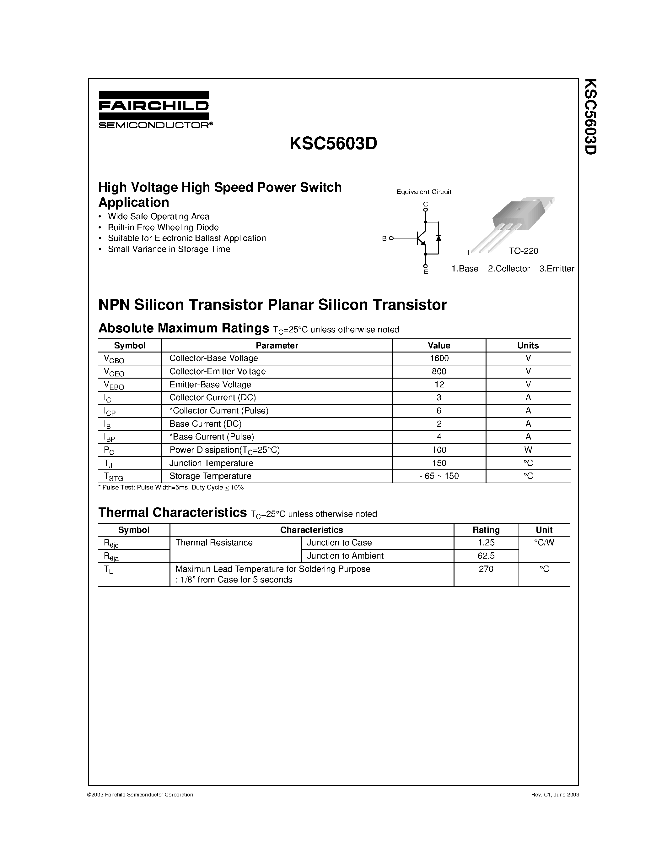Datasheet KSC5603D page 1 Datasheet KSC5603D - High Voltage High Speed Power Switch Application page 1