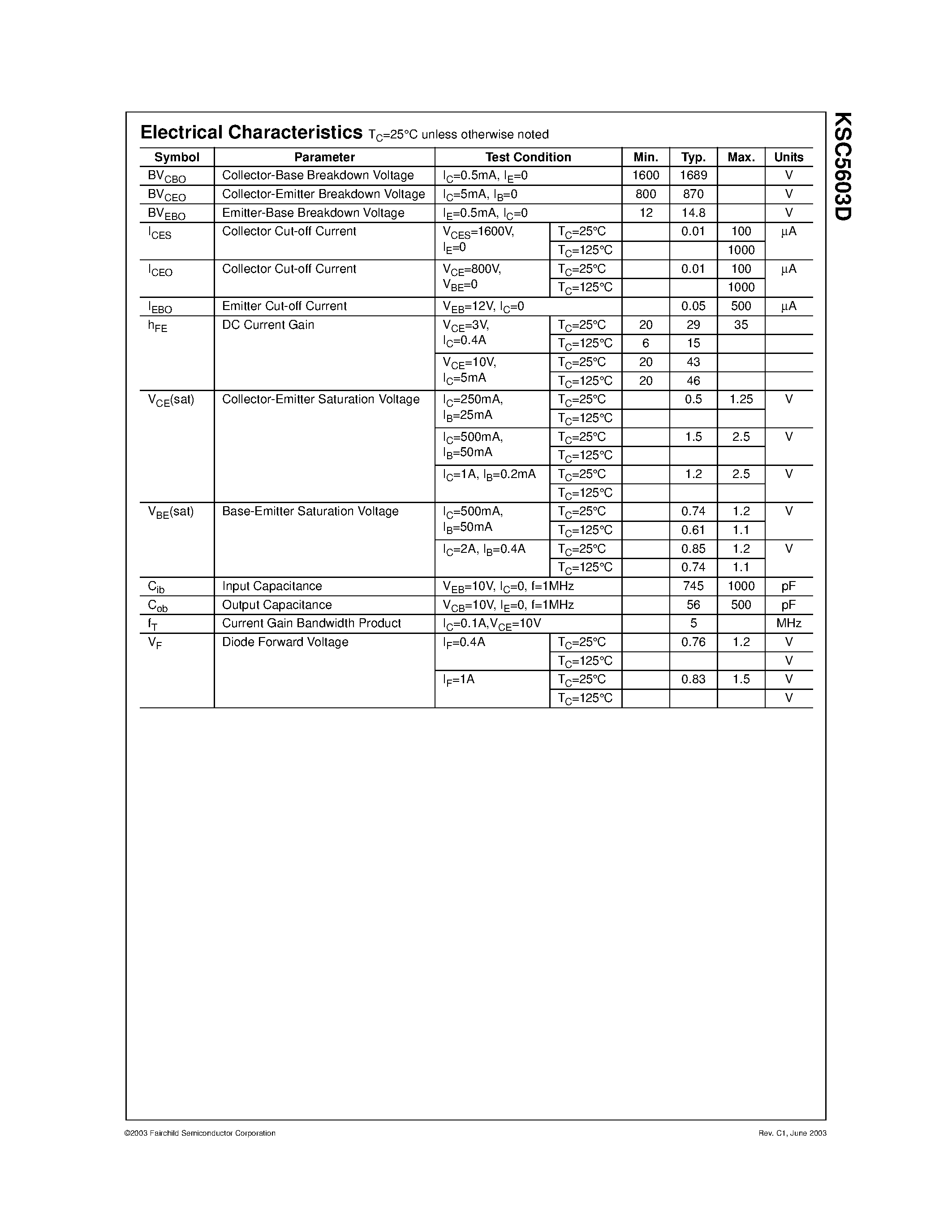 Datasheet KSC5603D page 2 Datasheet KSC5603D - High Voltage High Speed Power Switch Application page 2