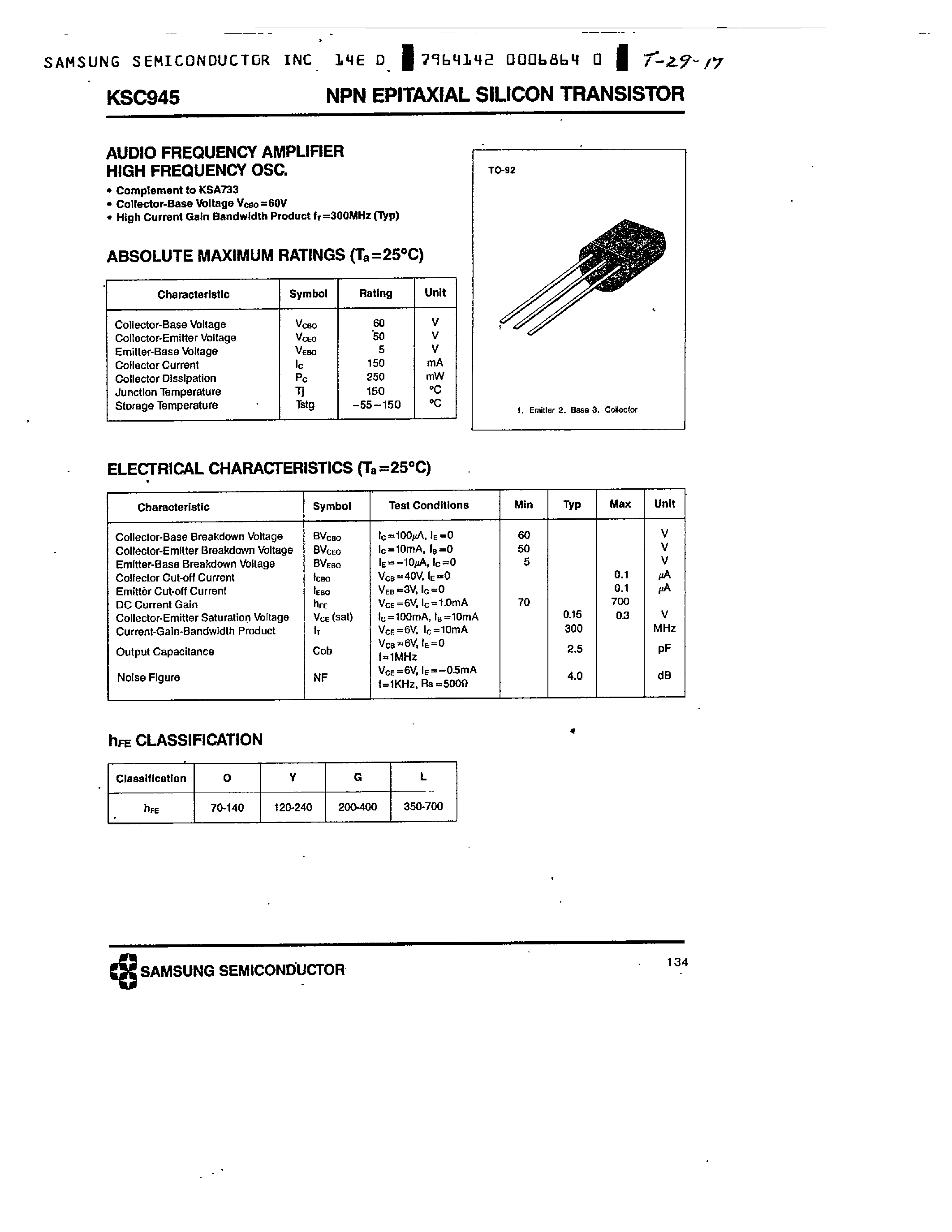 Datasheet KSC945 page 1 Datasheet KSC945 - NPN (AUDIO/ HIGH FREQUENCY AMPLIFIER/ OSC.) page 1