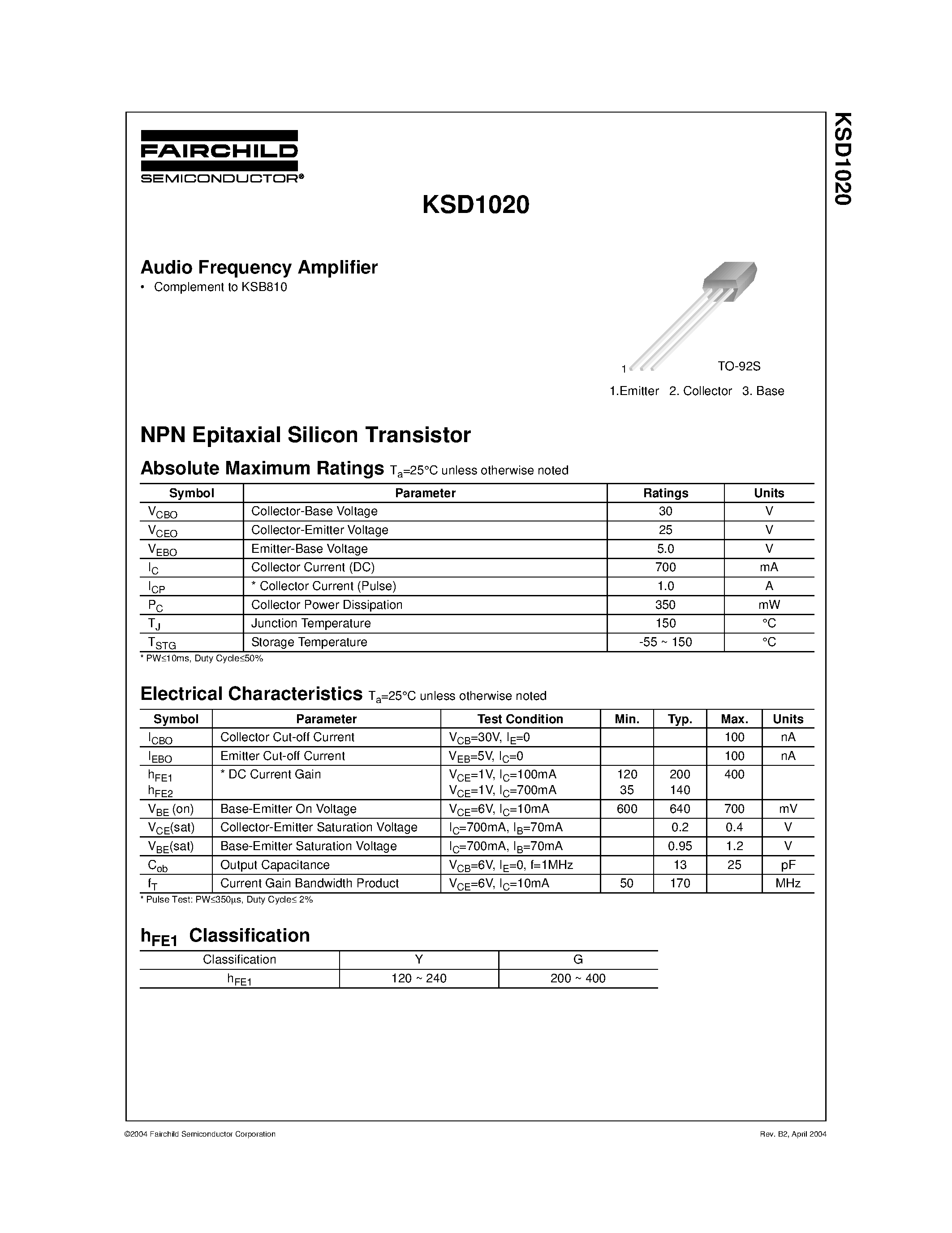 Datasheet KSD1020 - Audio Frequency Amplifier page 1