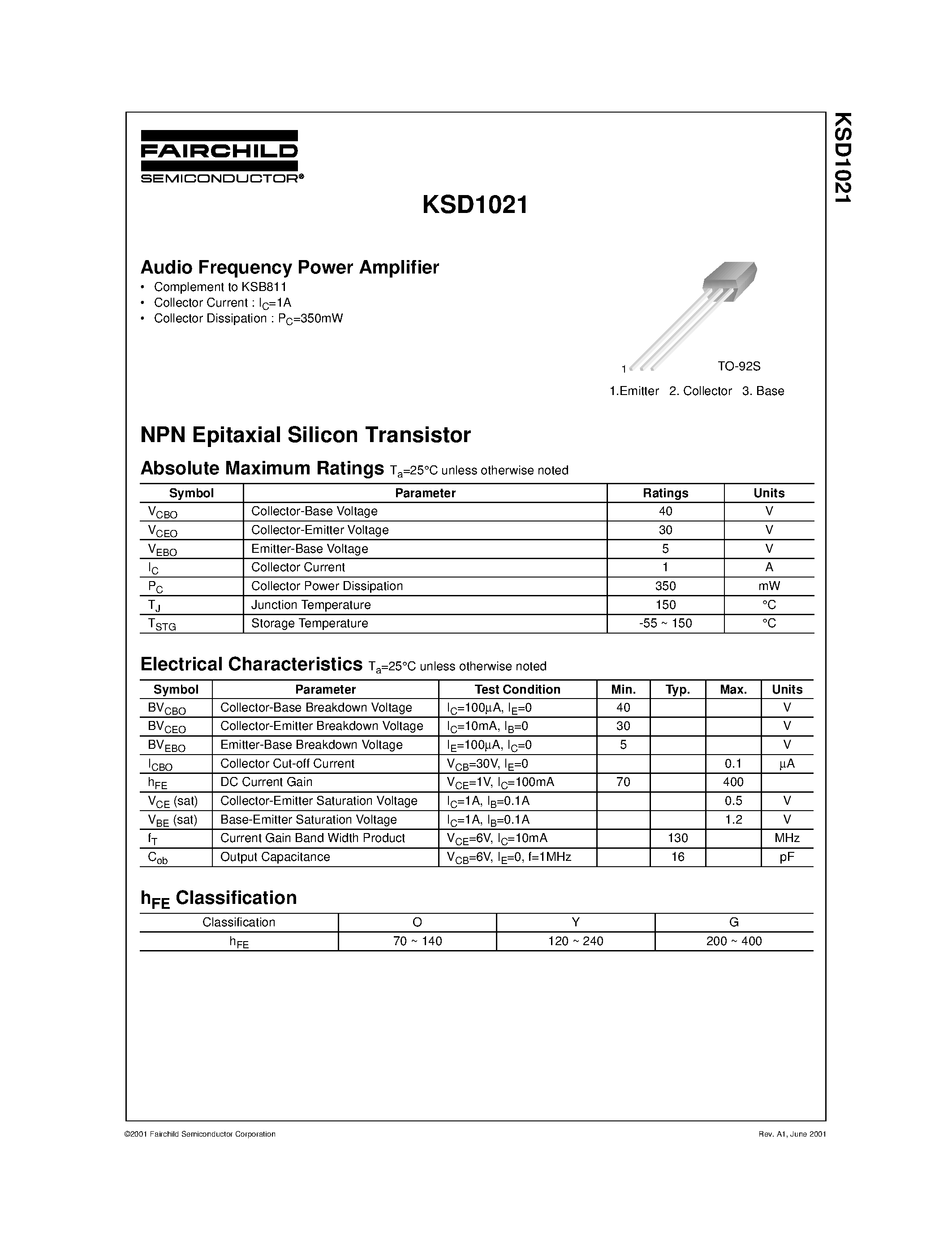 Datasheet KSD1021 - Audio Frequency Power Amplifier page 1