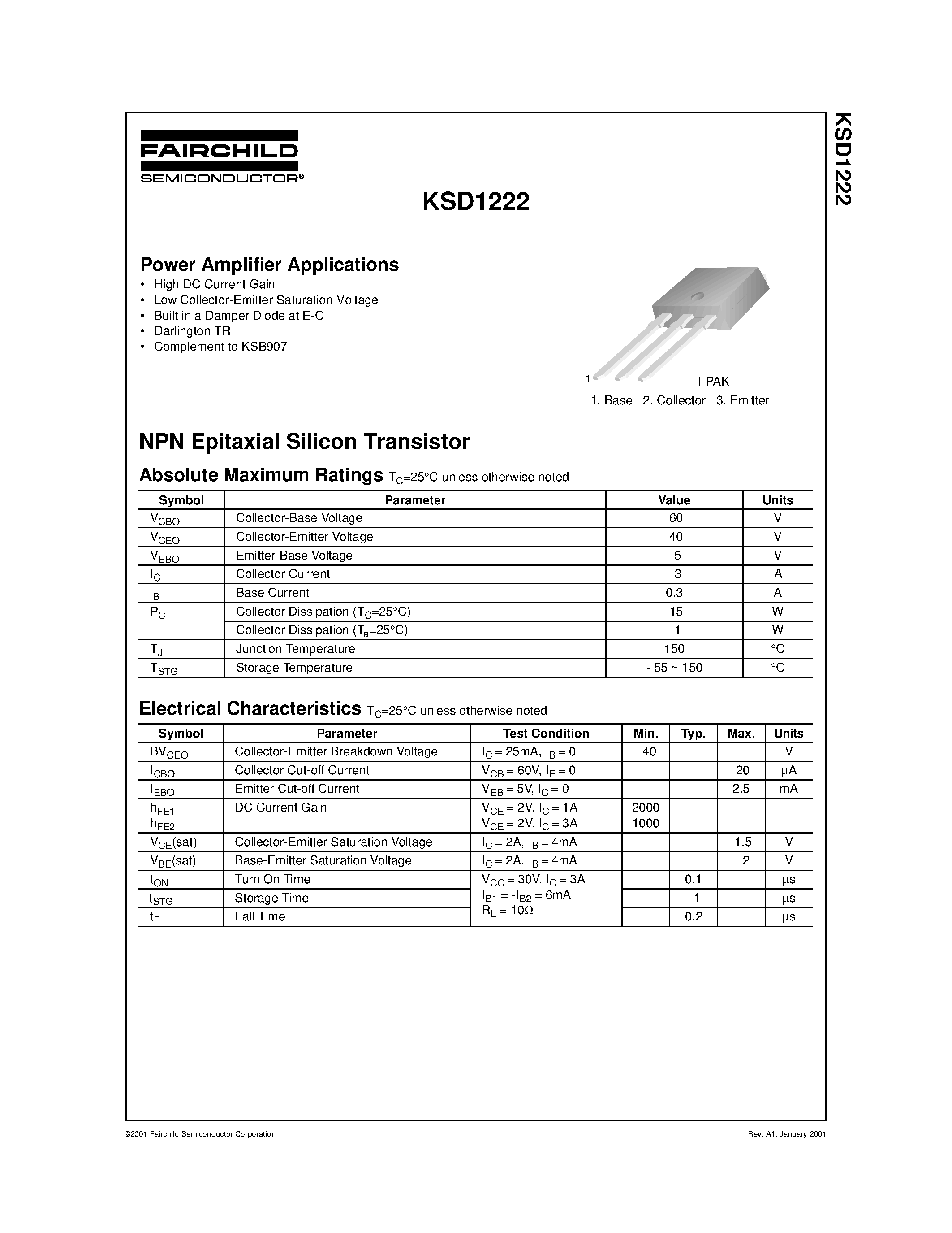 Datasheet KSD1222 - Power Amplifier Applications page 1