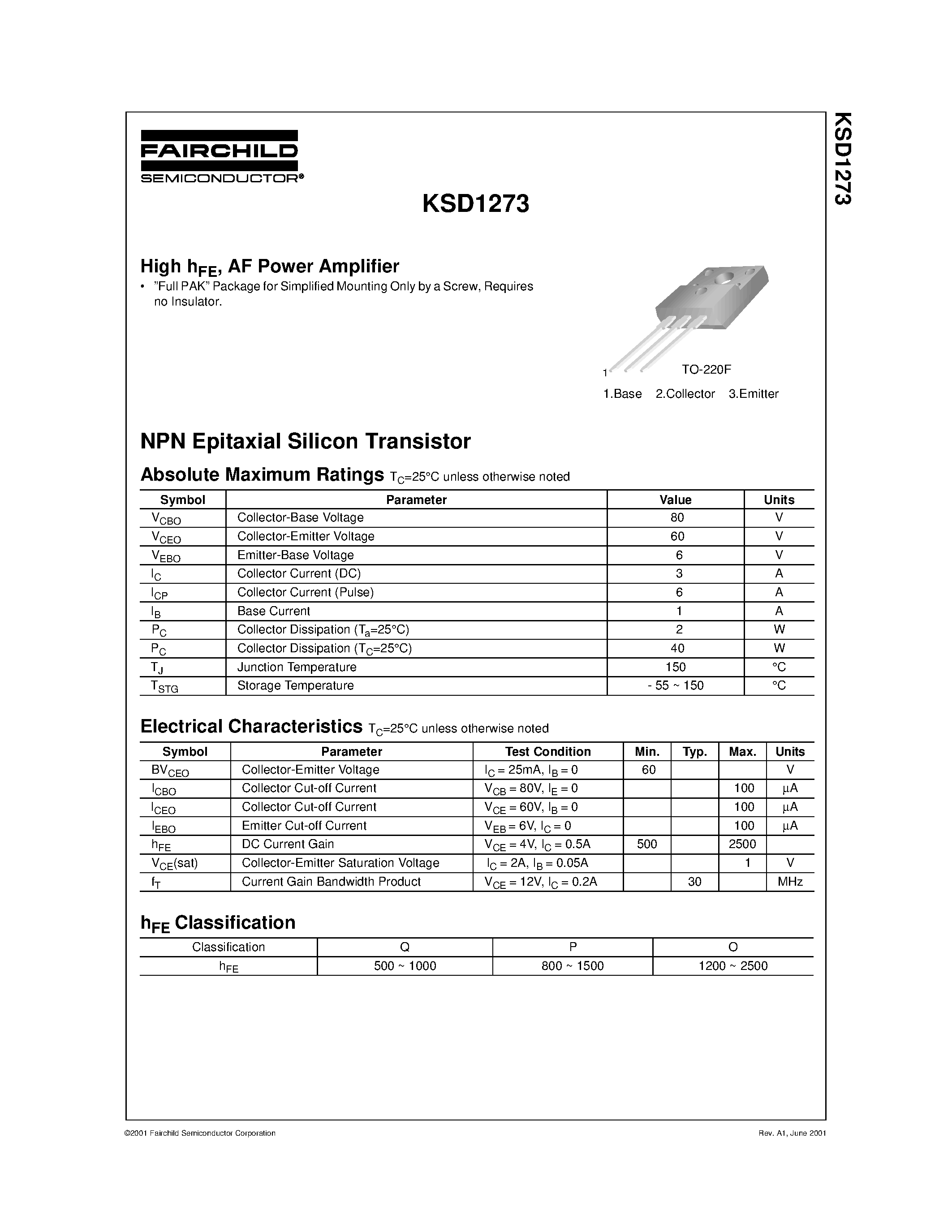 Даташит KSD1273 - High hFE/ AF Power Amplifier страница 1