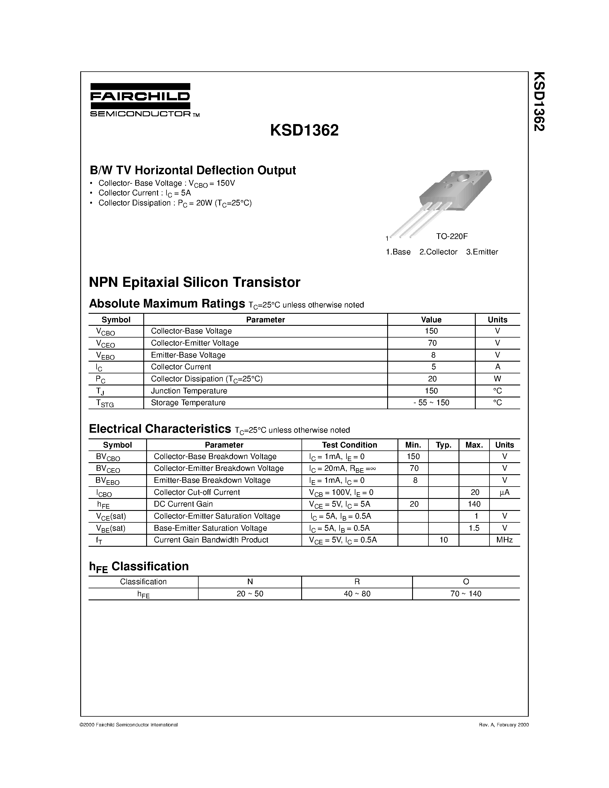 Datasheet KSD1362 - B/W TV Horizontal Deflection Output page 1