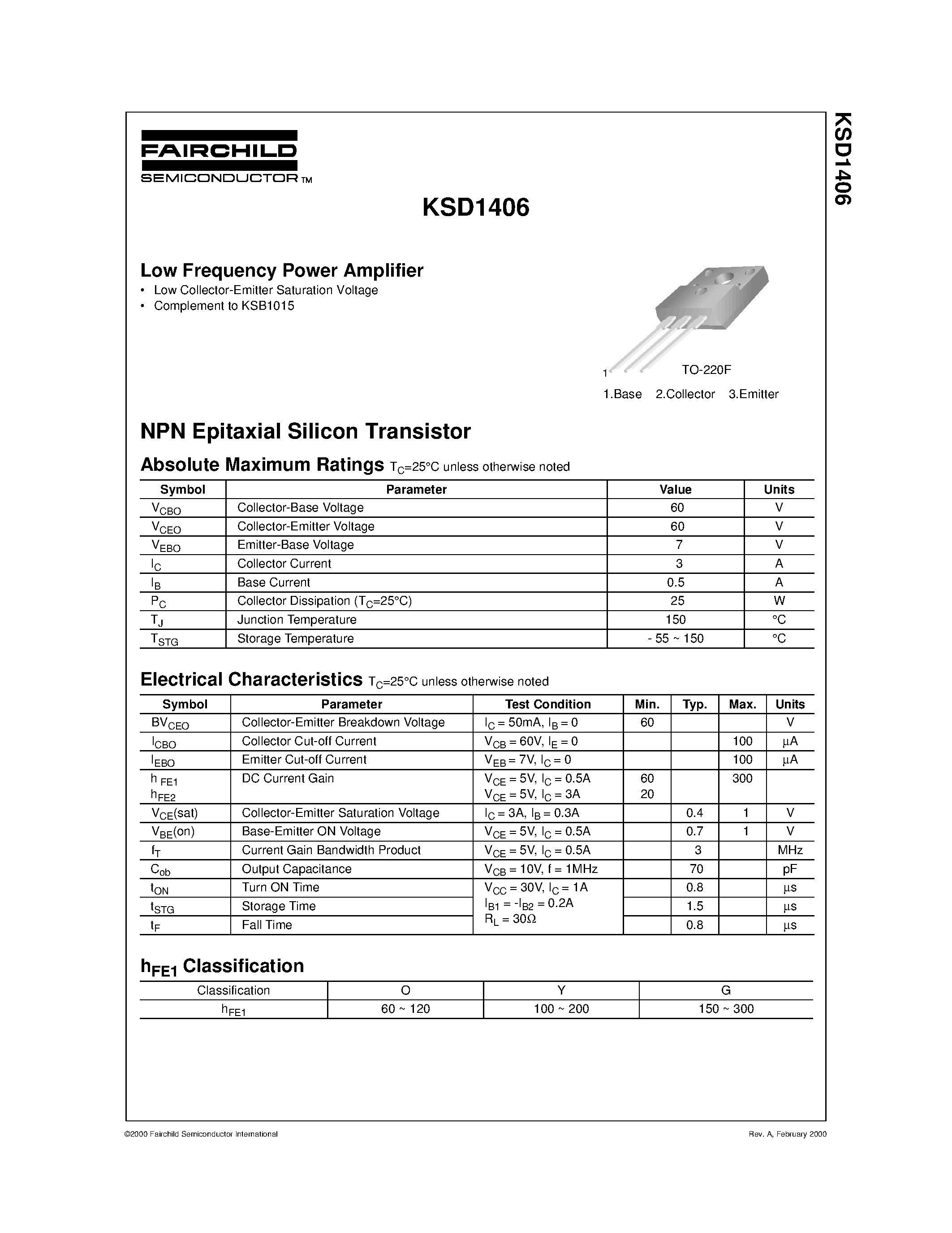 Даташит KSD1406 - Low Frequency Power Amplifier страница 1