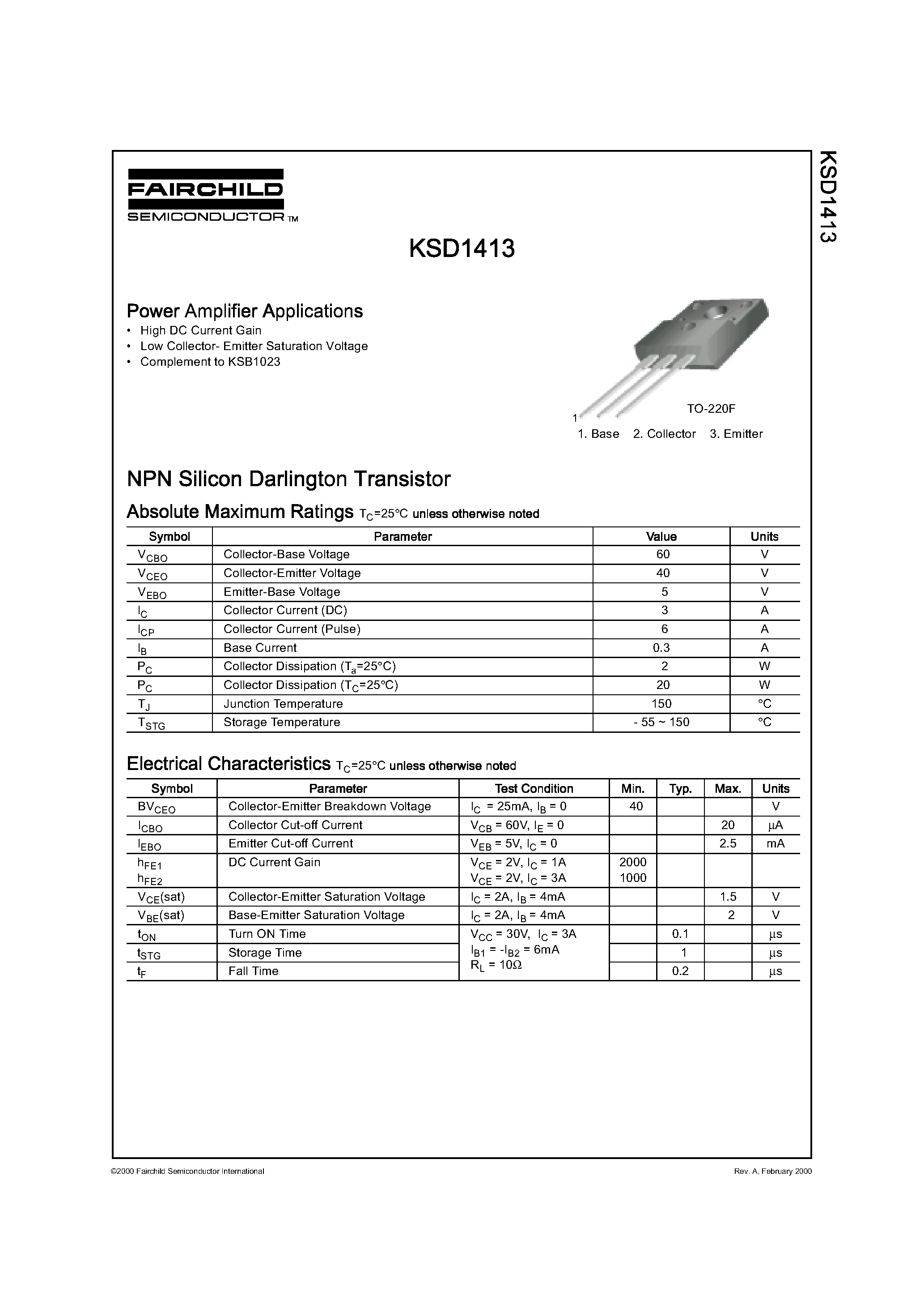 Даташит KSD1413 - Power Amplifier Applications страница 1
