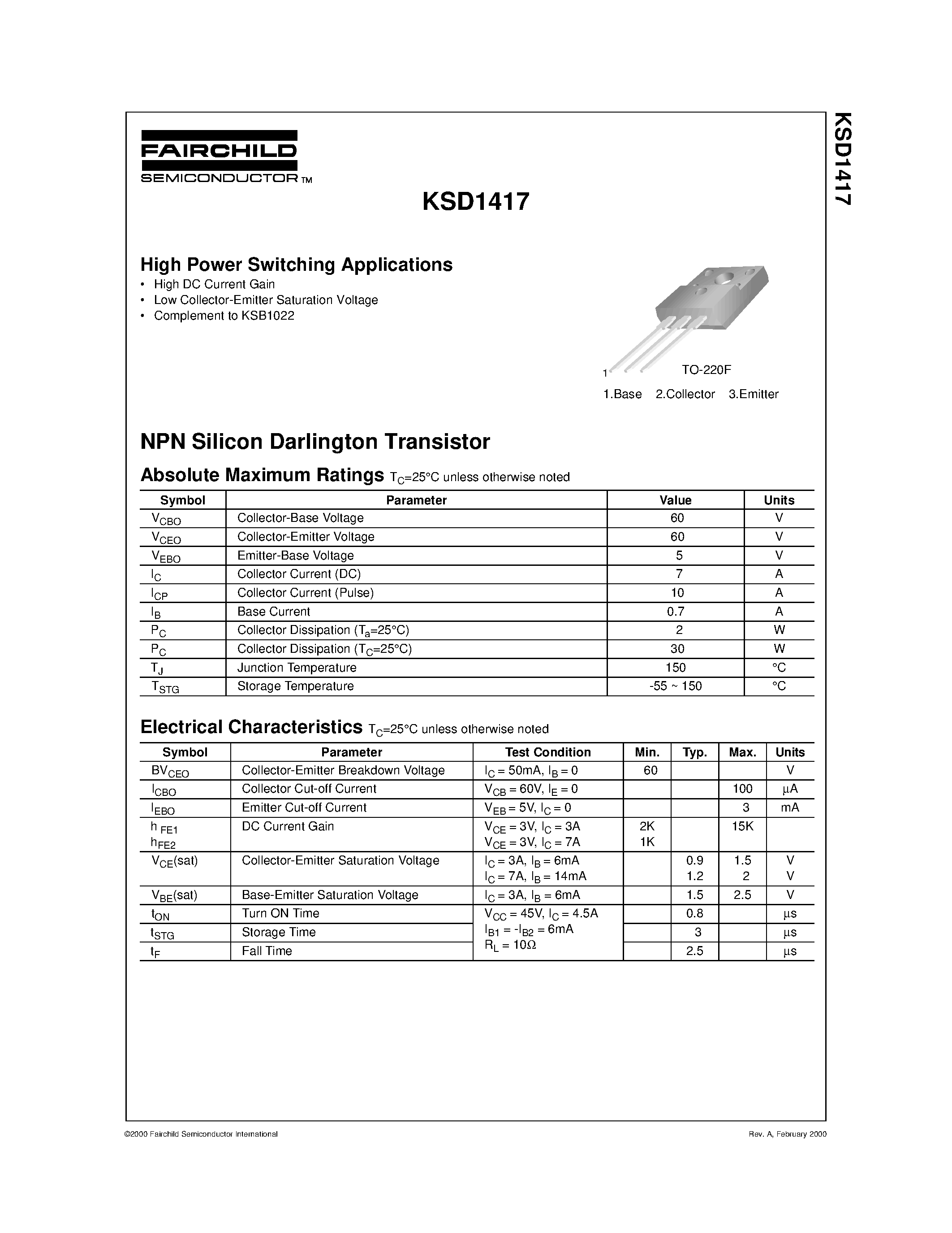 Datasheet KSD1417 - High Power Switching Applications page 1