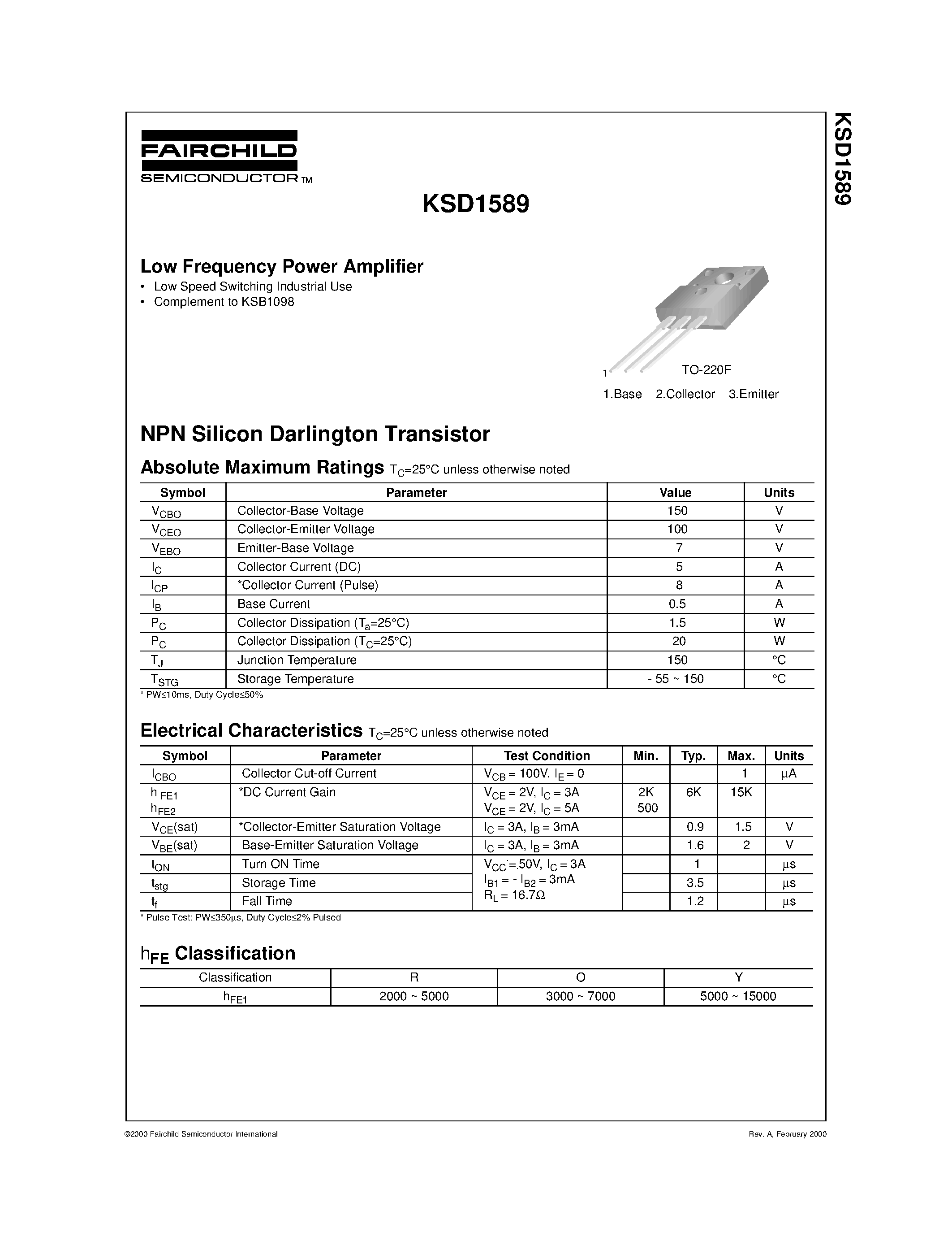 Даташит на микросхему KSD1589 страница 1 Даташит KSD1589 - Low Frequency Power Amplifier страница 1