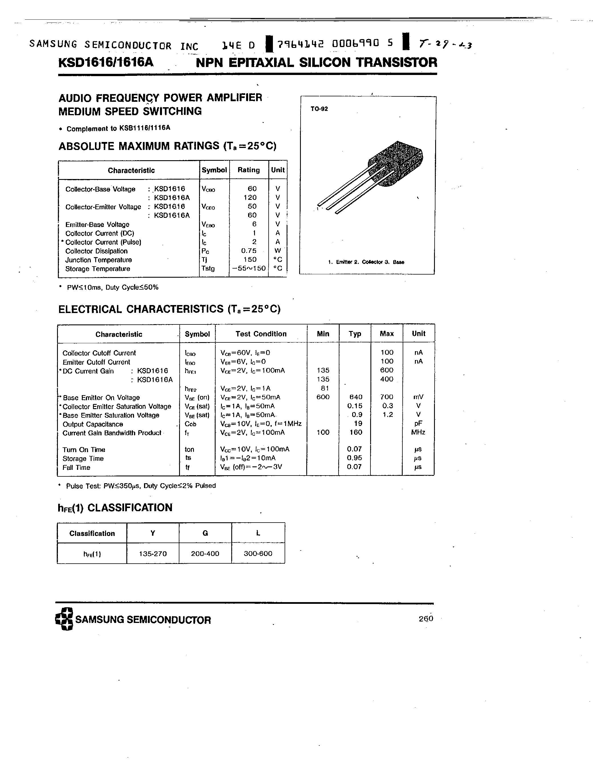 Datasheet KSD1616 page 1 Datasheet KSD1616 - NPN (AUDIO FREQUENCY POWER AMPLIFIER MIDIUM SPEED SWITCHING) page 1