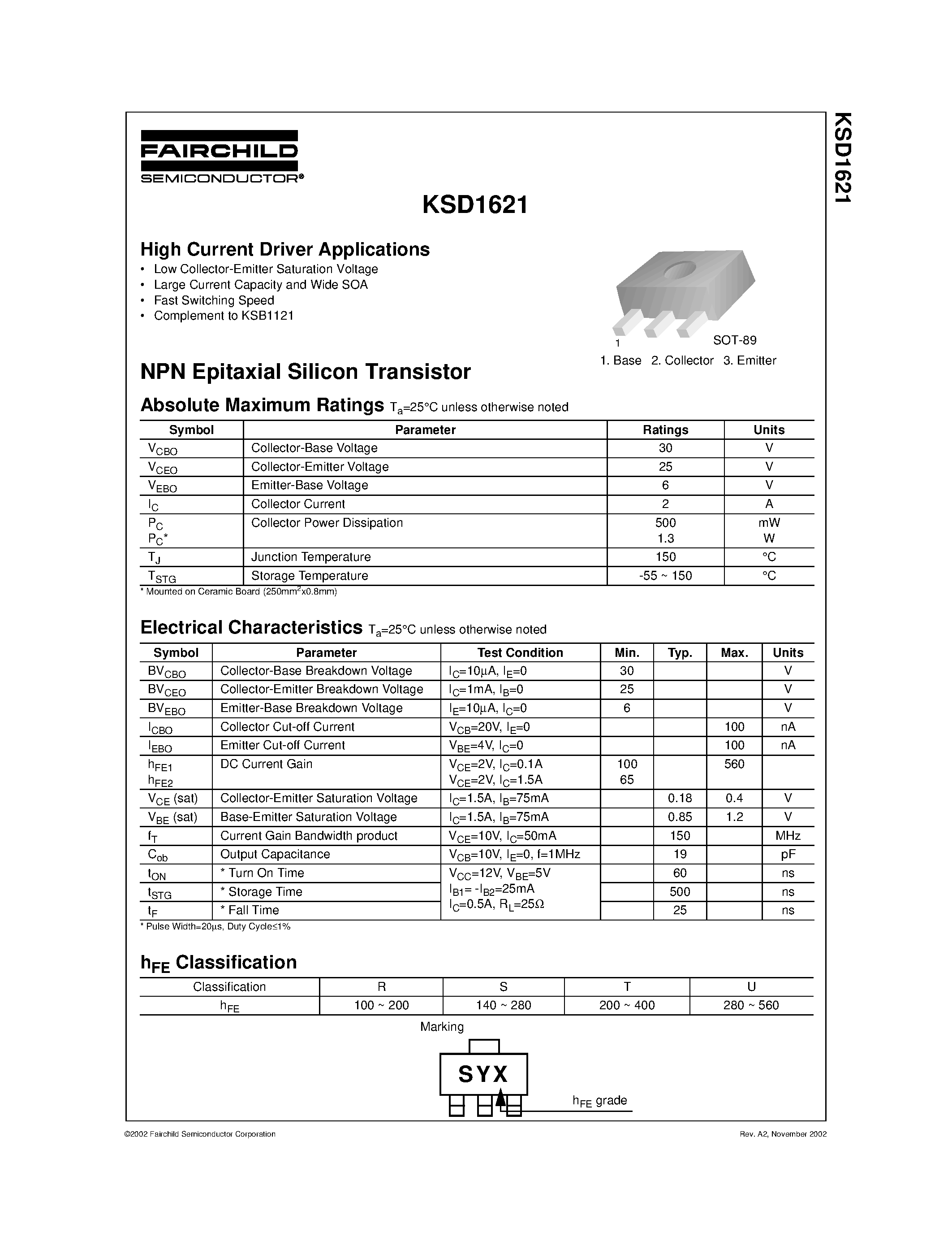 Datasheet KSD1621 page 1 Datasheet KSD1621 - High Current Driver Applications page 1