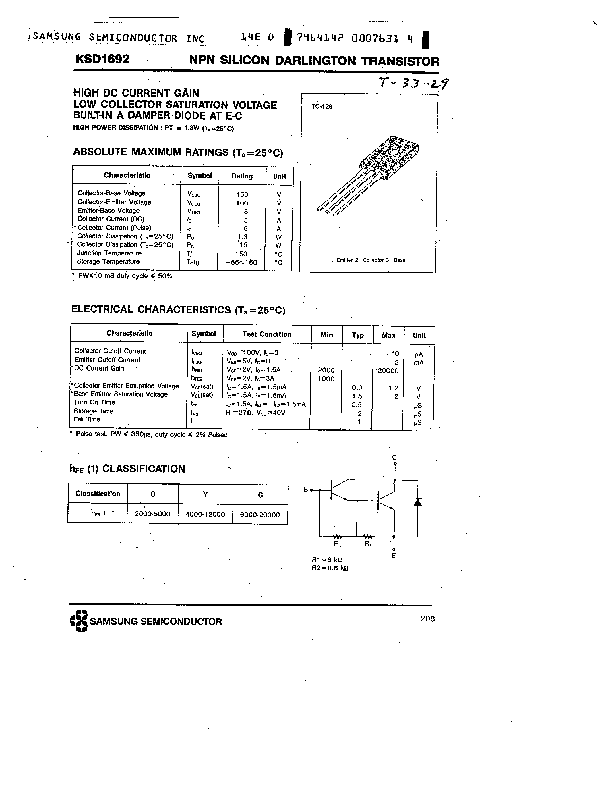 Даташит KSD1692 - NPN (HIGH DC CURRENT GAIN LOW COLLECTOR SATURATION VOLTAGE BUILT-IN A DAMPER DIODE AT E-C) страница 1