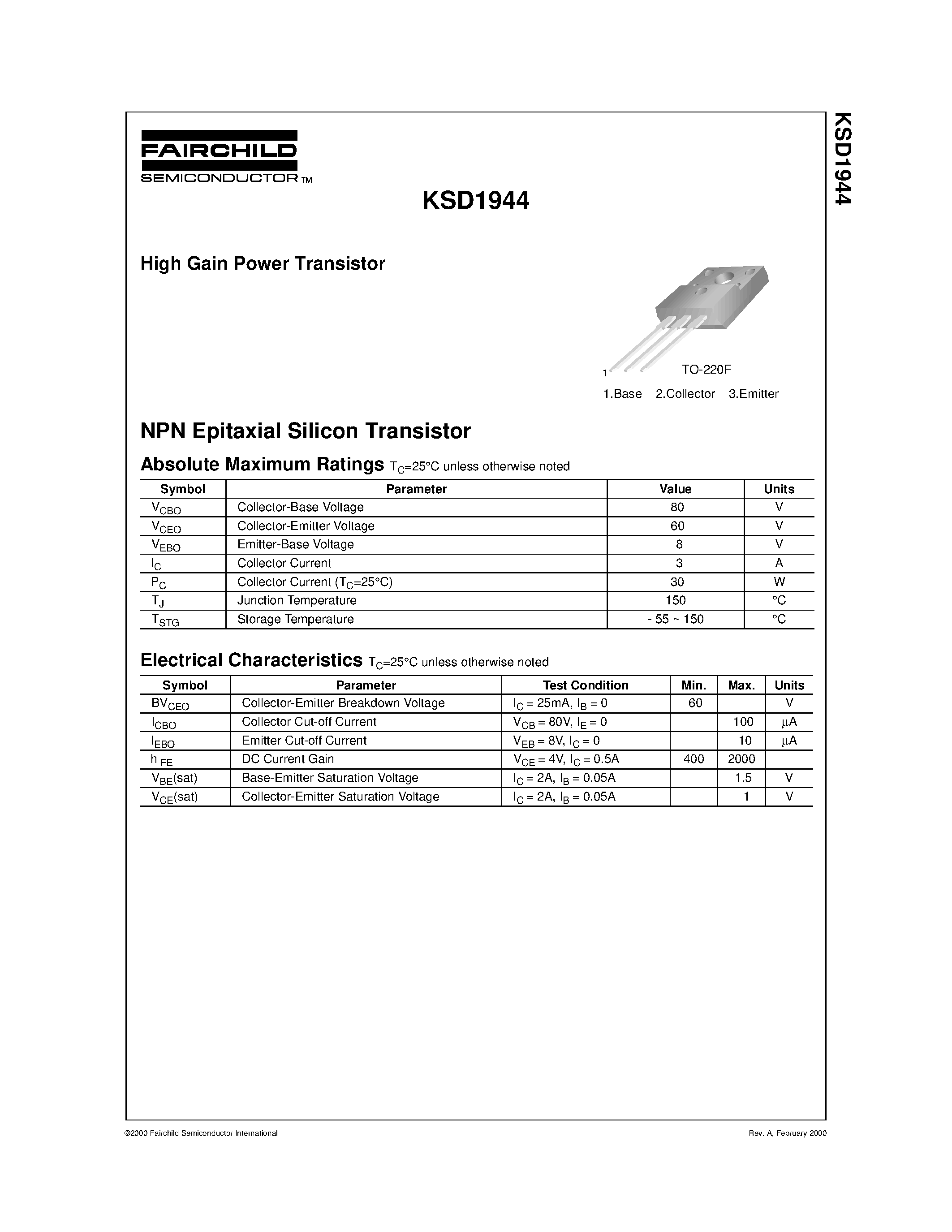 Даташит KSD1944 - High Gain Power Transistor страница 1
