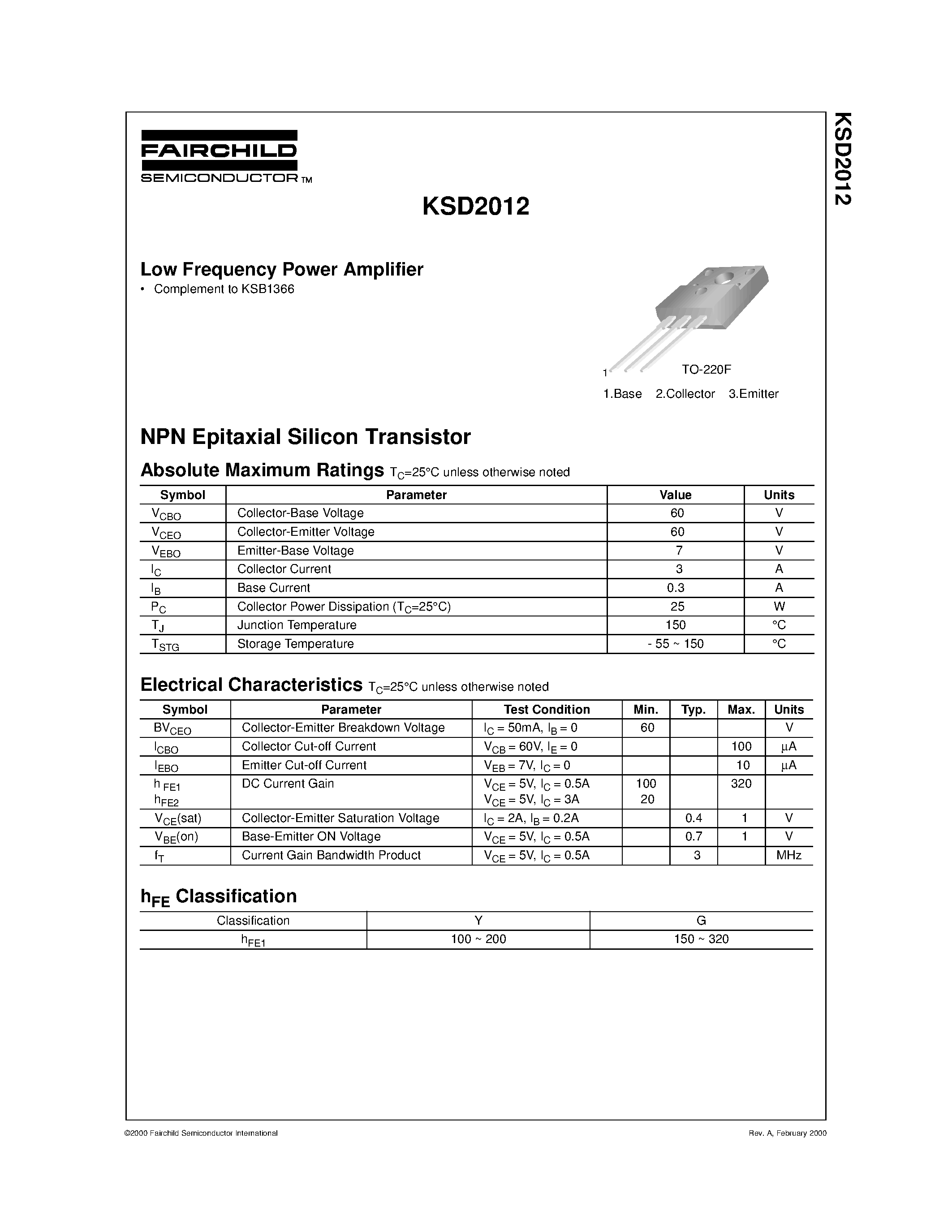 Даташит KSD2012 - Low Frequency Power Amplifier страница 1