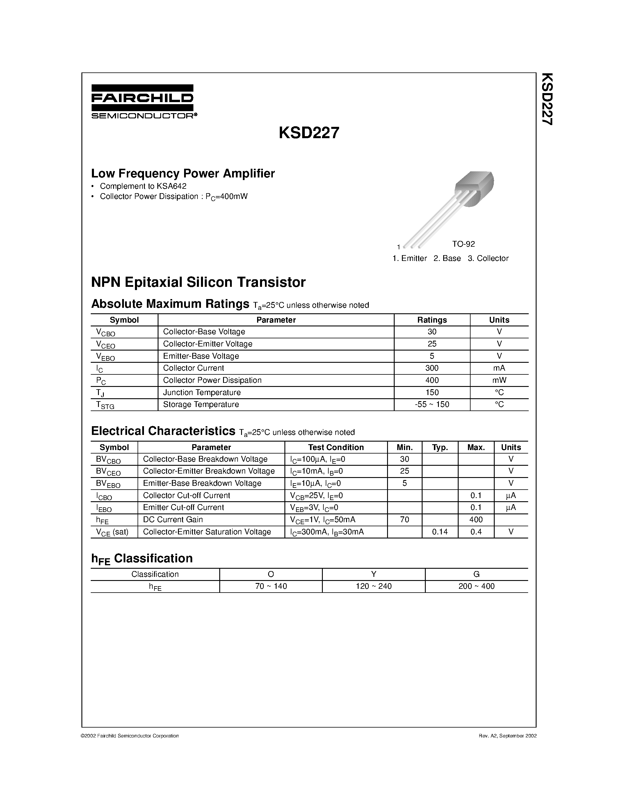 Даташит на микросхему KSD227 страница 1 Даташит KSD227 - Low Frequency Power Amplifier страница 1