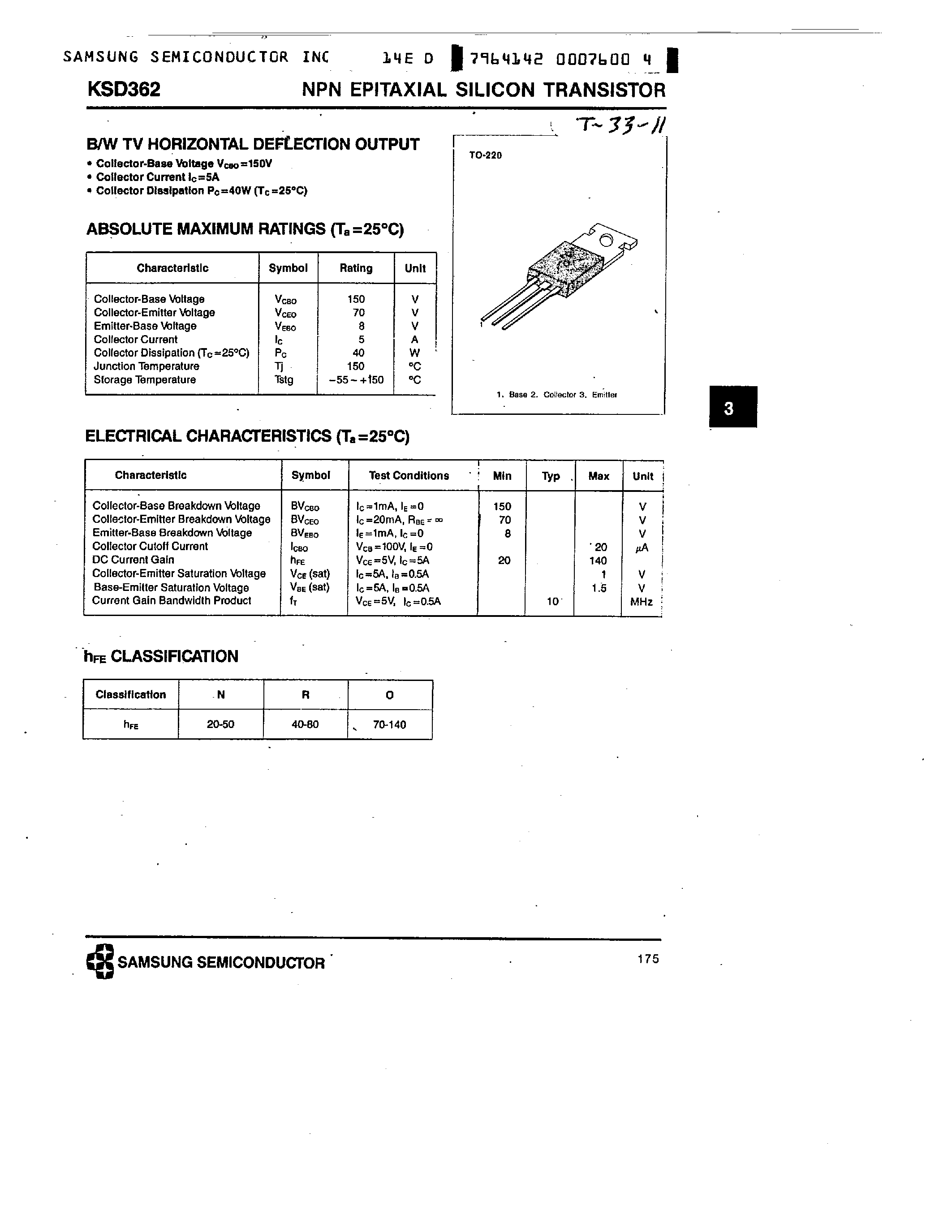 Даташит KSD362 - NPN (B/W TV HORIZONTAL DEFLECTION OUTPUT) страница 1