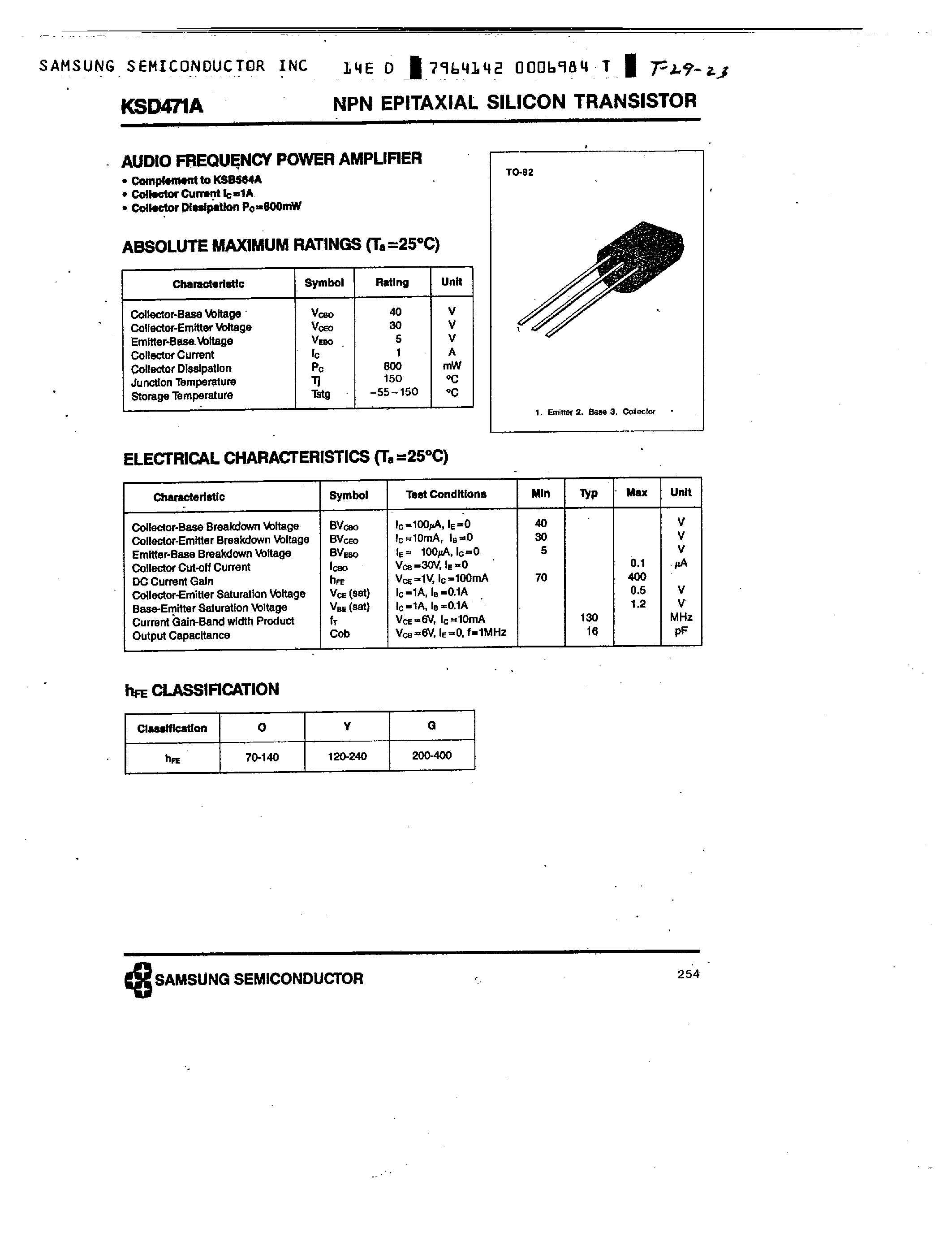 Datasheet KSD471A page 1 Datasheet KSD471A - NPN (AUDIO FREQUENCY POWER AMPLIFIER) page 1
