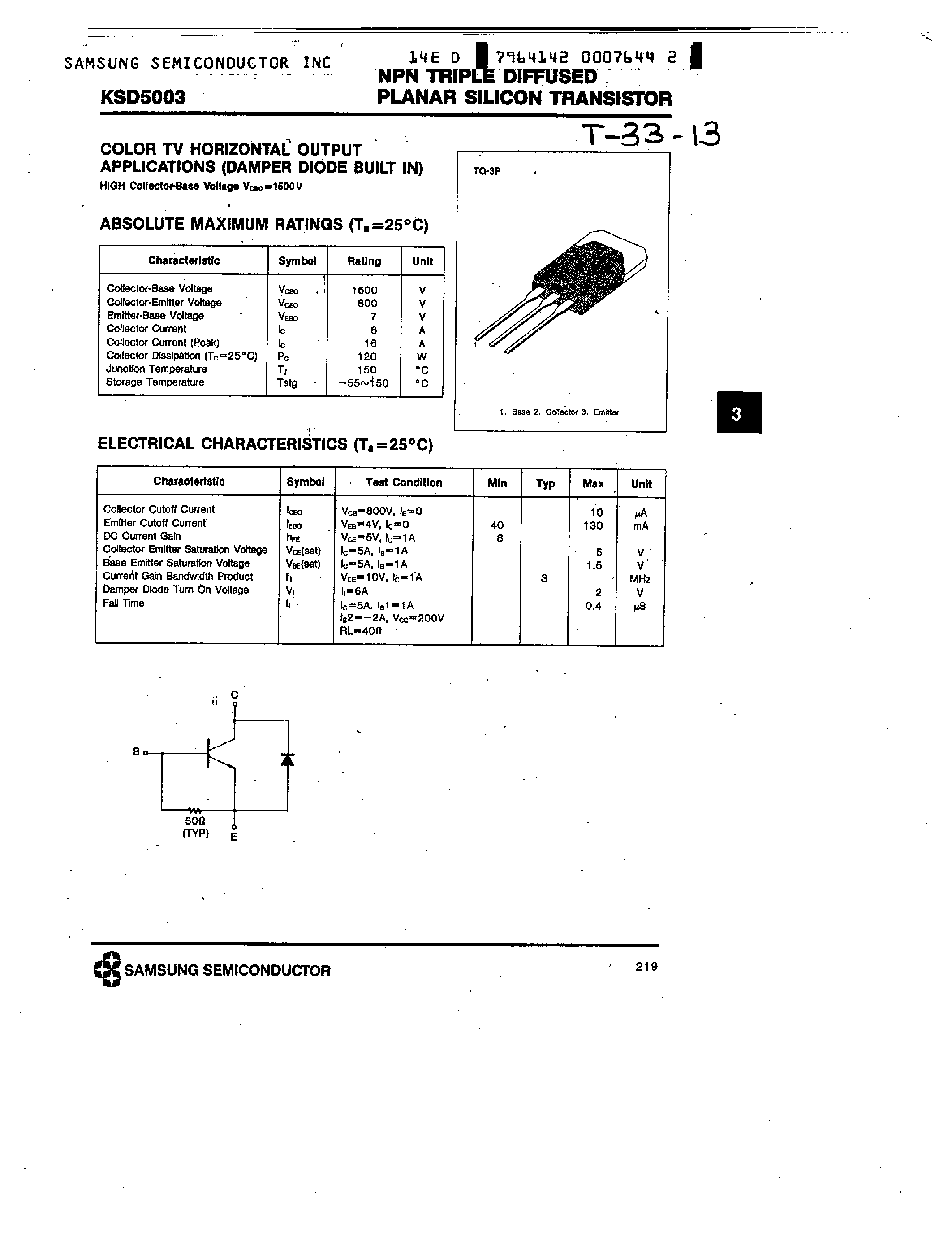 Даташит KSD5003 - NPN (COLOR TV HORZONTAL OUTPUT APPLICATIONS (DAMPER DIODE BUILT IN) страница 1