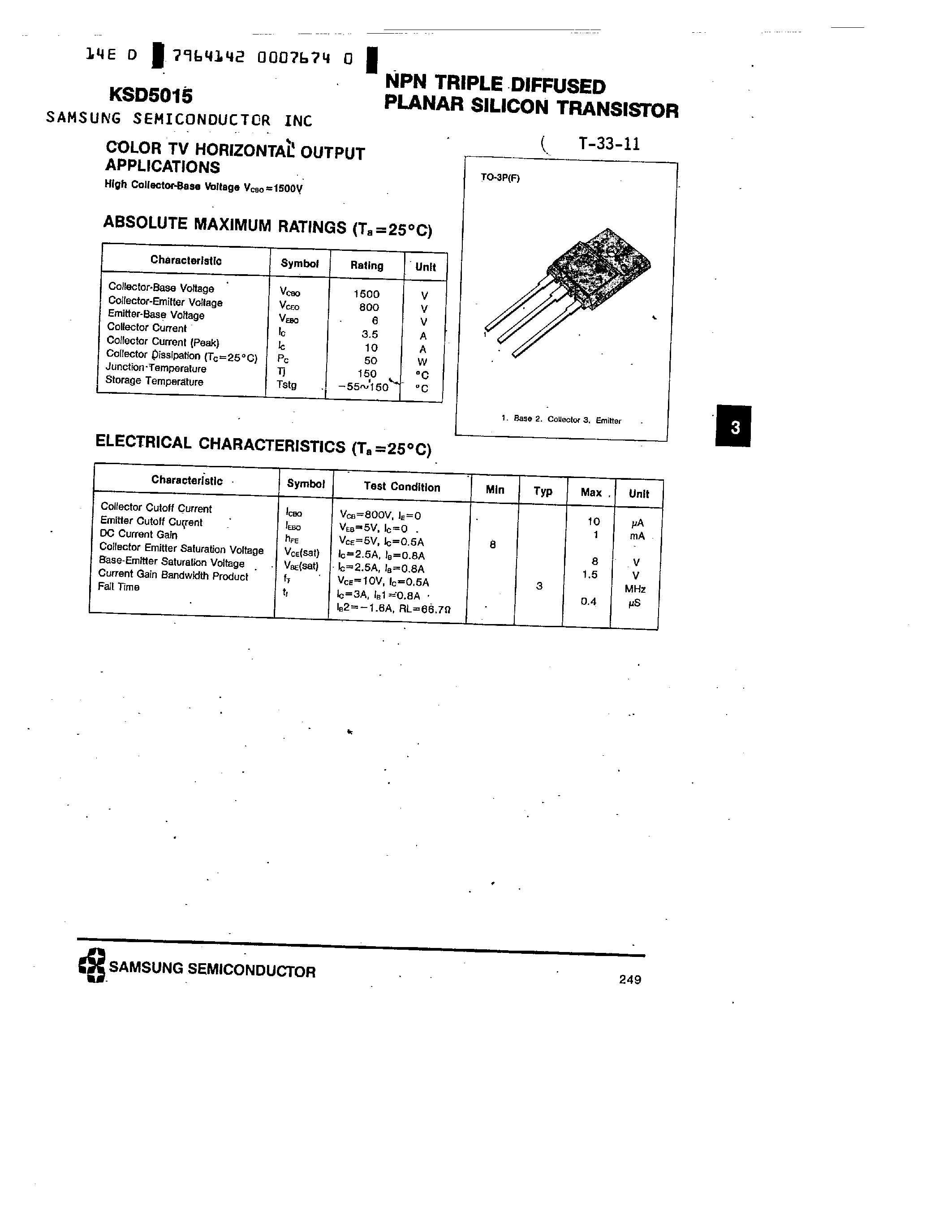 Datasheet KSD5015 - NPN(COLOR TV HORIZONTAL OUTPUT APPLICATIONS) page 1