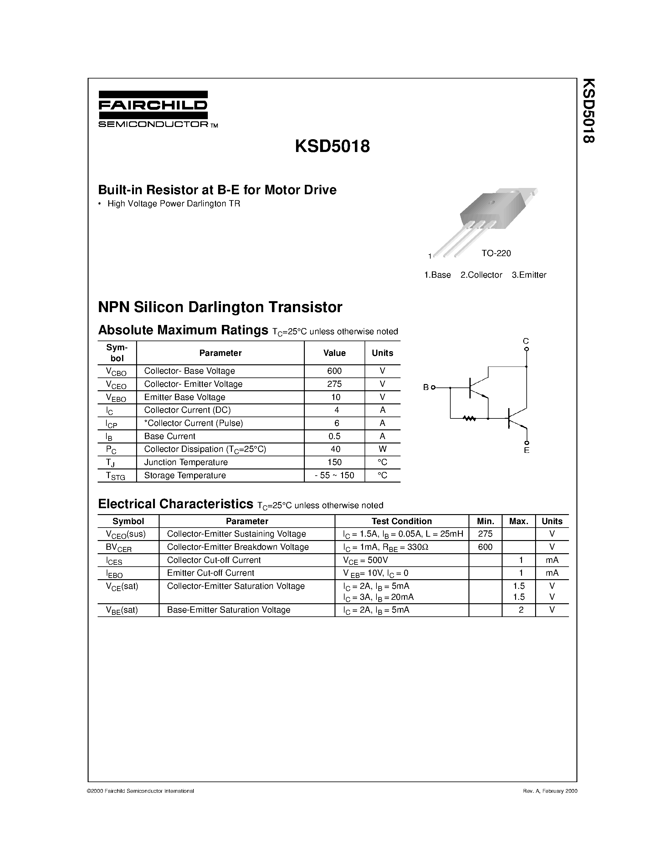 Даташит KSD5018 - Built-in Resistor at B-E for Motor Drive страница 1