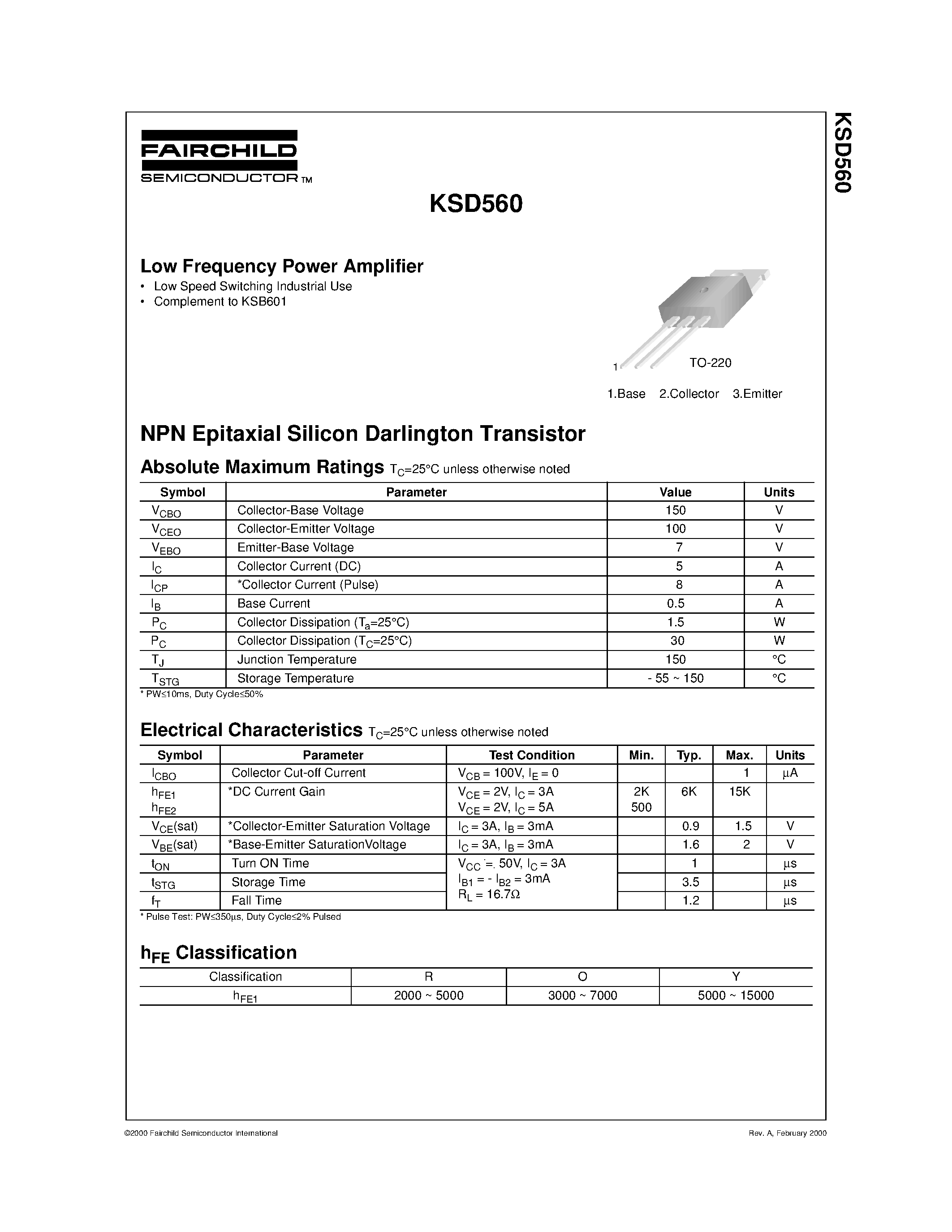 Datasheet KSD560 - Low Frequency Power Amplifier page 1