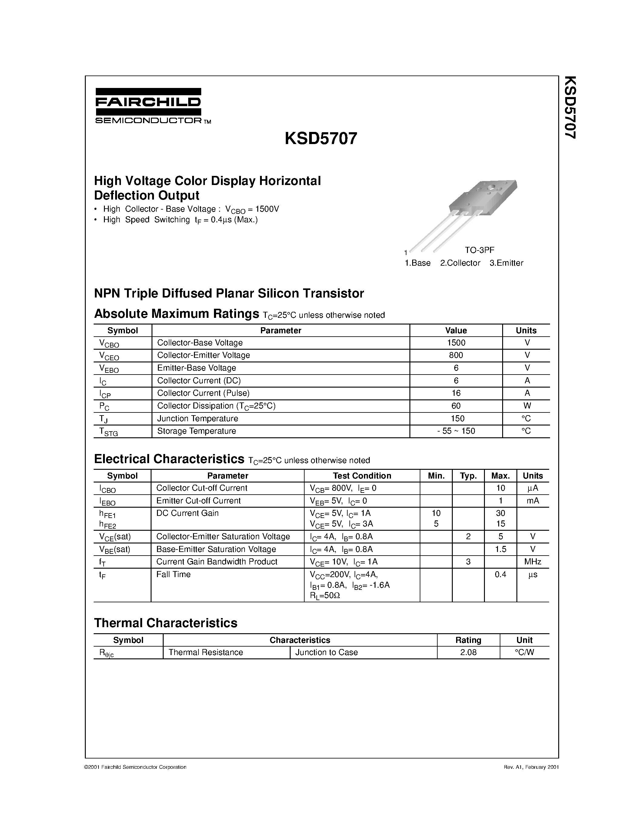 Даташит KSD5707 - High Voltage Color Display Horizontal Deflection Output страница 1