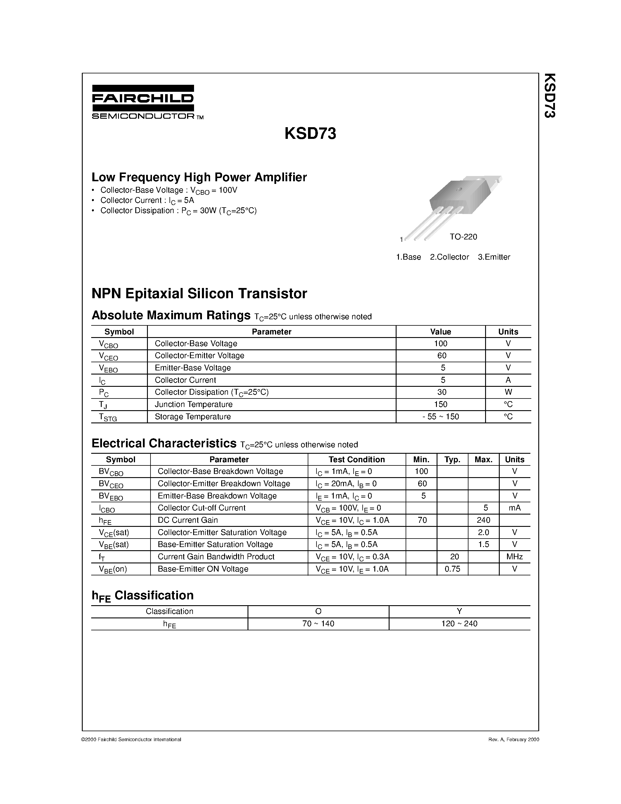 Datasheet KSD73 - Low Frequency High Power Amplifier page 1