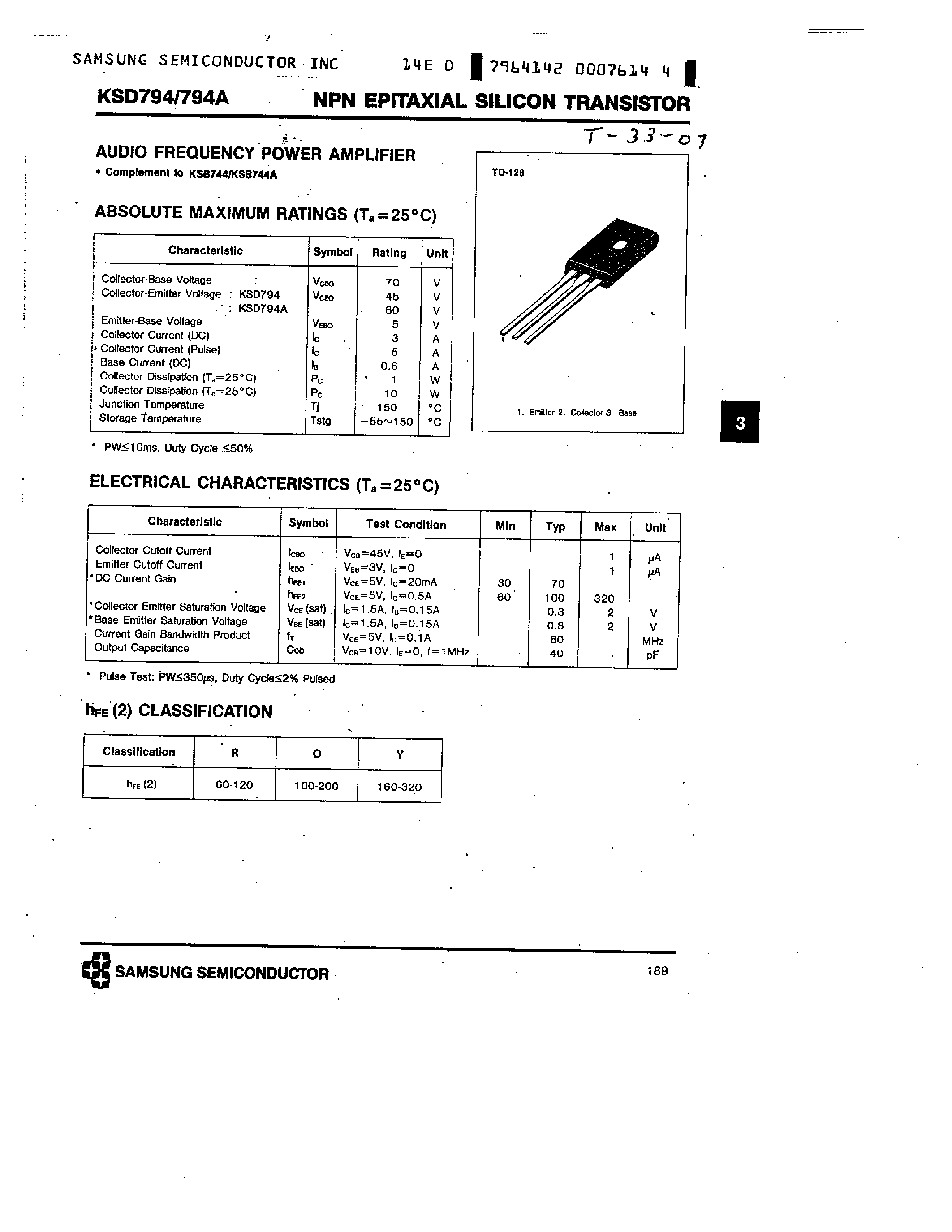 Datasheet KSD794 - NPN (AUDIO FREQUENCY POWER AMPLIFIER) page 1