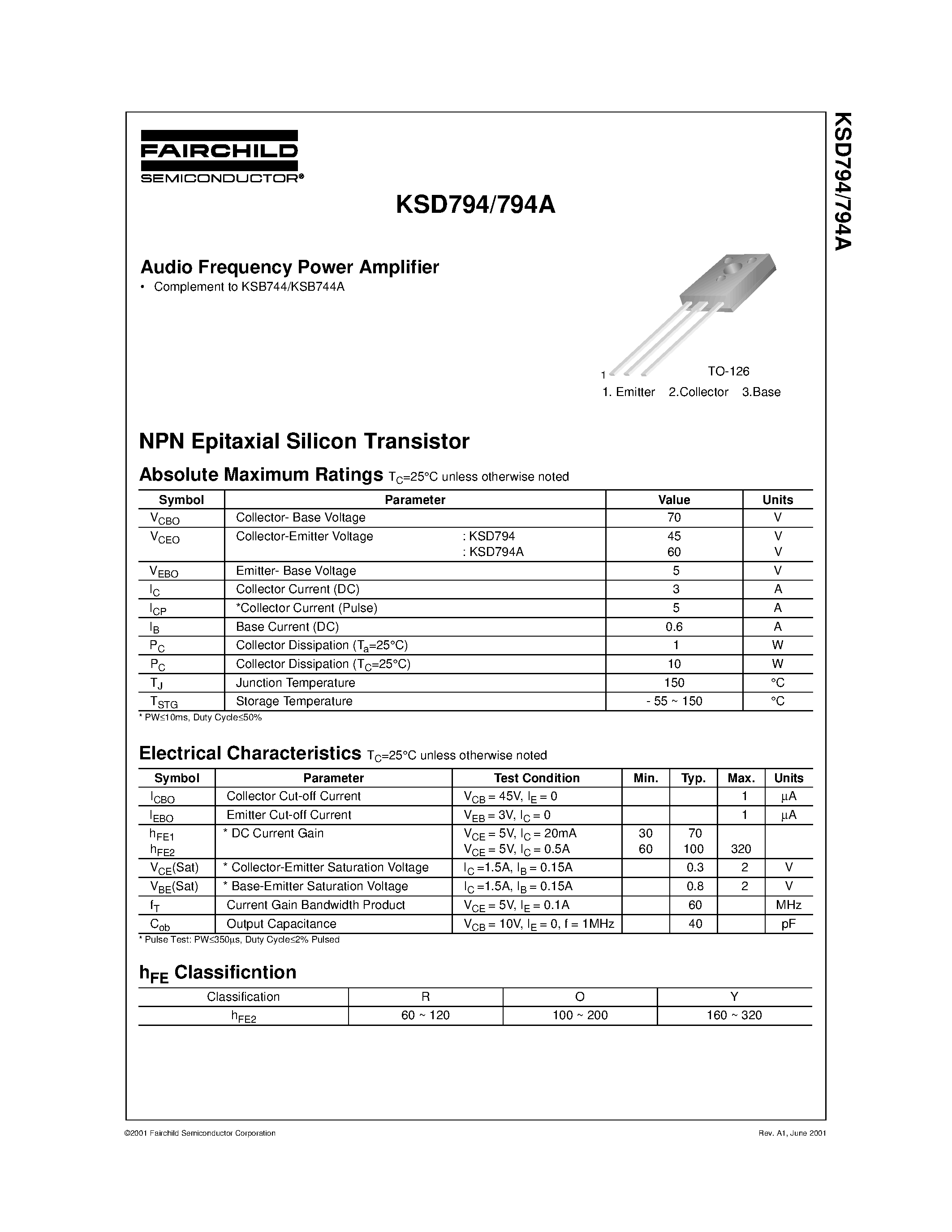 Даташит KSD794 - Audio Frequency Power Amplifier страница 1