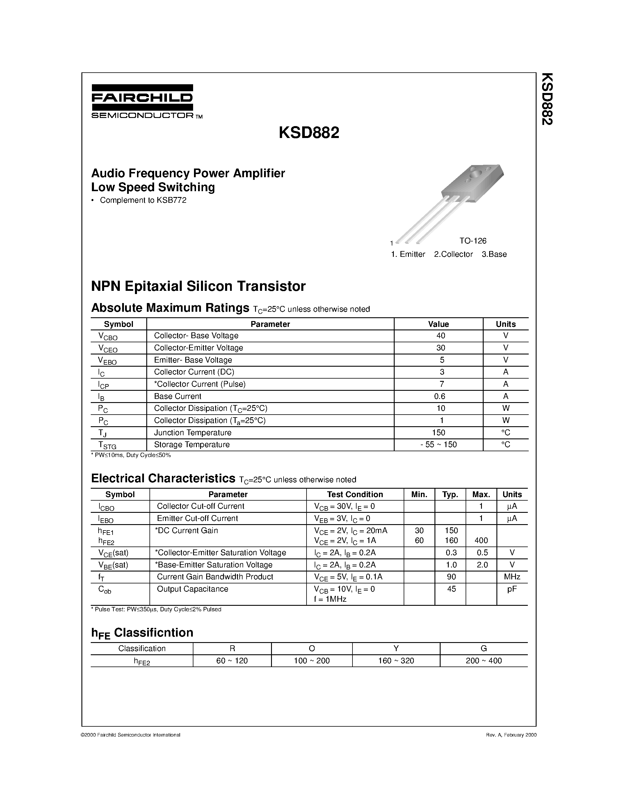 Datasheet KSD882 - Audio Frequency Power Amplifier page 1