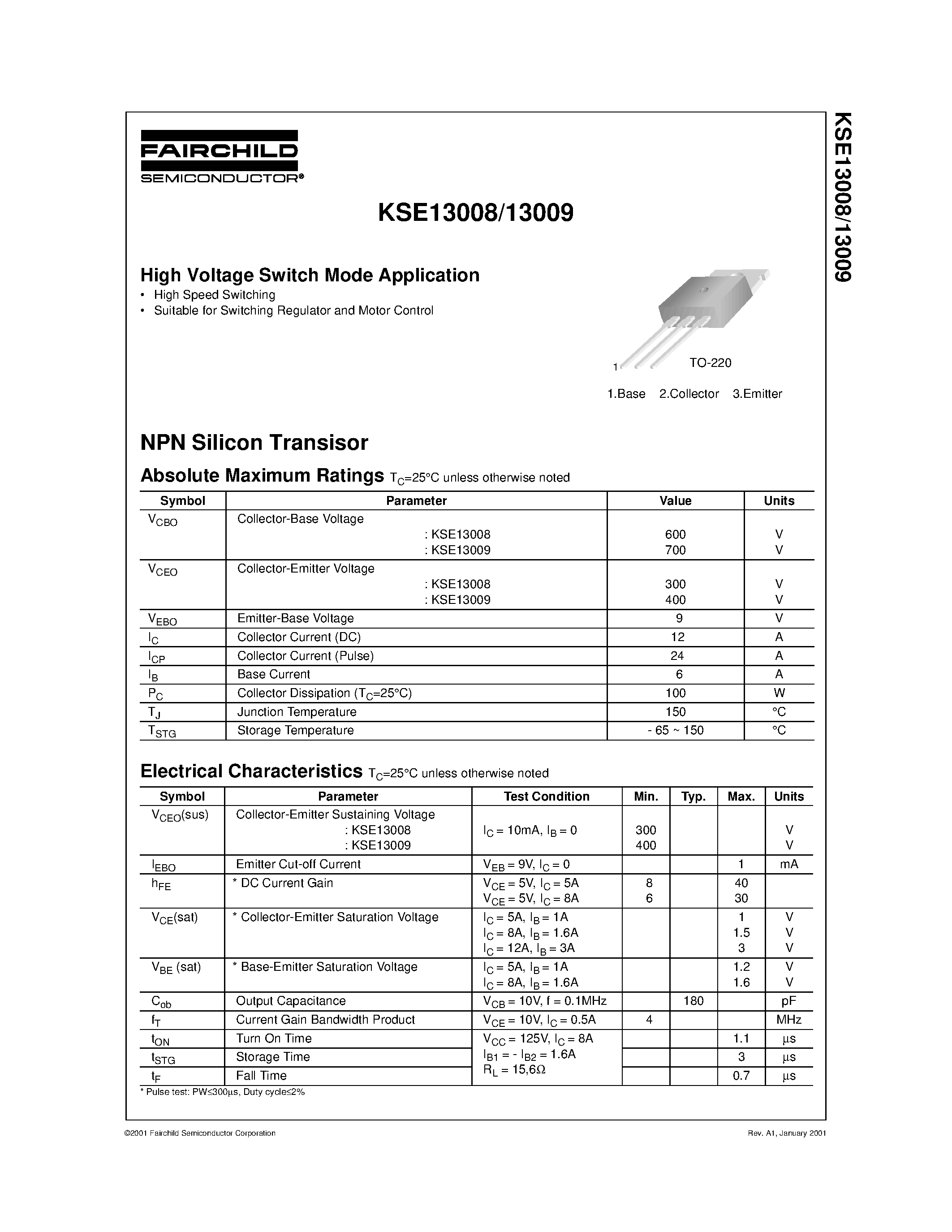 Даташит KSE13009 - High Voltage Switch Mode Applications страница 1
