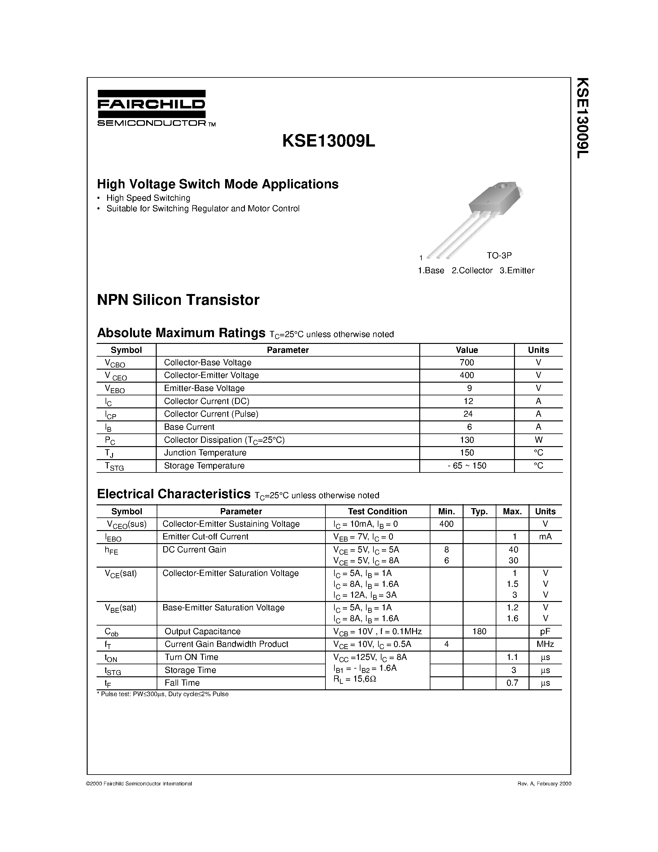 Даташит KSE13009L - High Voltage Switch Mode Applications страница 1