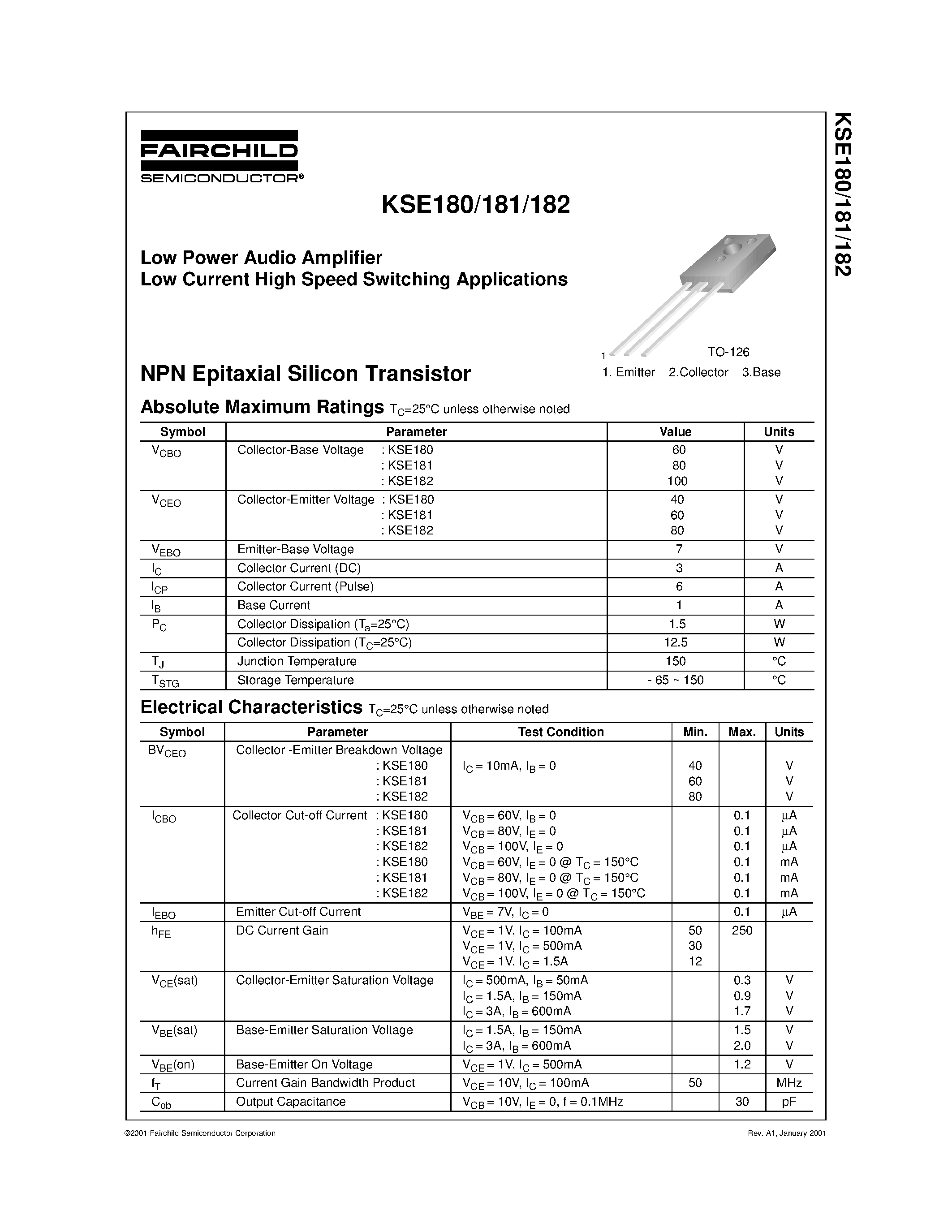 Datasheet KSE180 - Low Power Audio Amplifier Low Current High Speed Switching Applications page 1