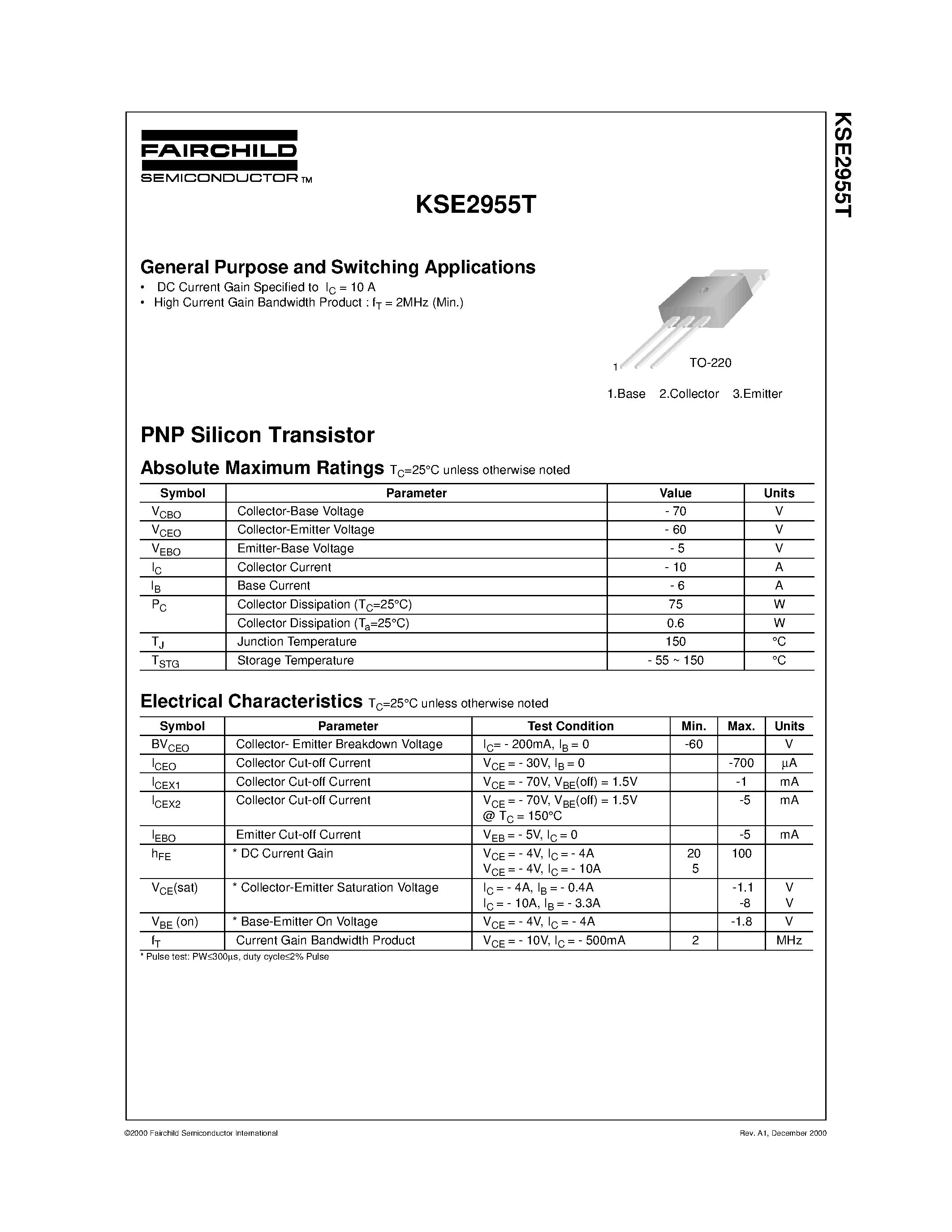 Datasheet KSE2955 - General Purpose and Switching Applications page 1