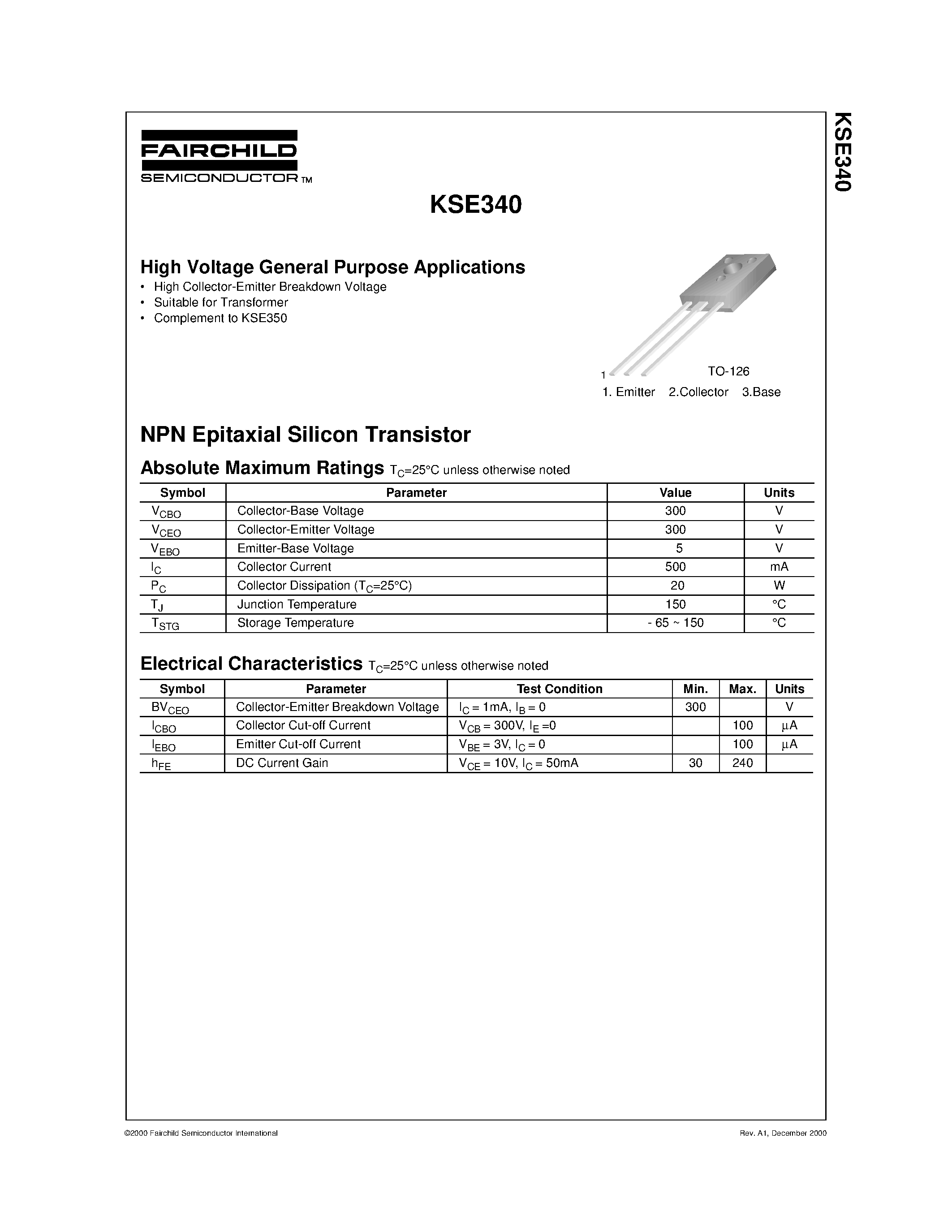 Datasheet KSE340 - High Voltage General Purpose Applications page 1