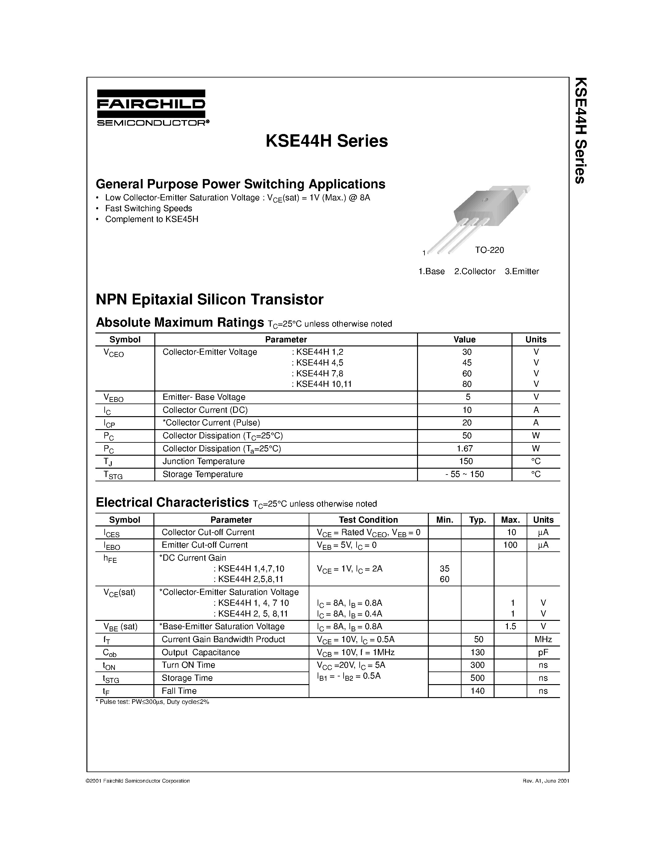 Datasheet KSE44H - General Purpose Power Switching Applications page 1