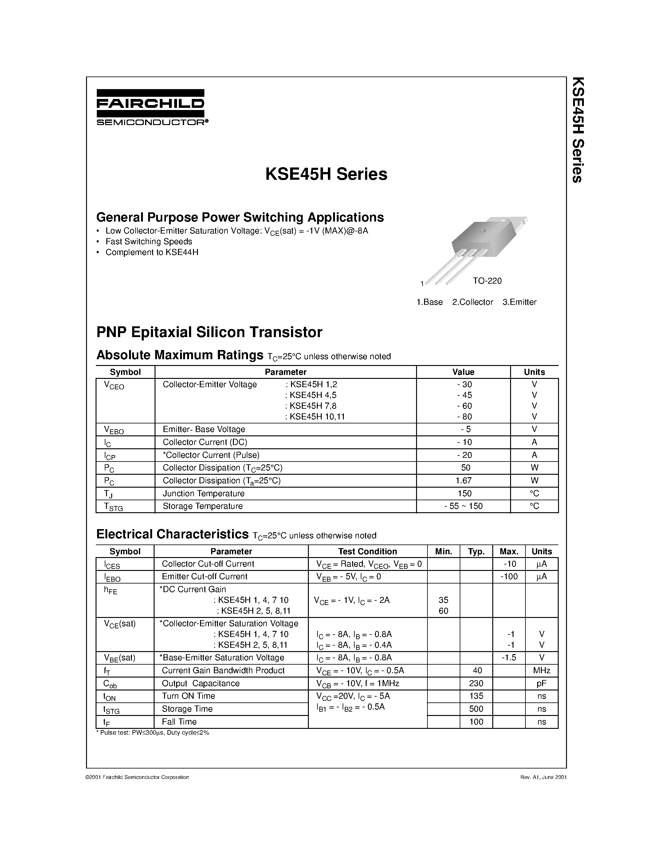 Даташит KSE45H10 - General Purpose Power Switching Applications страница 1